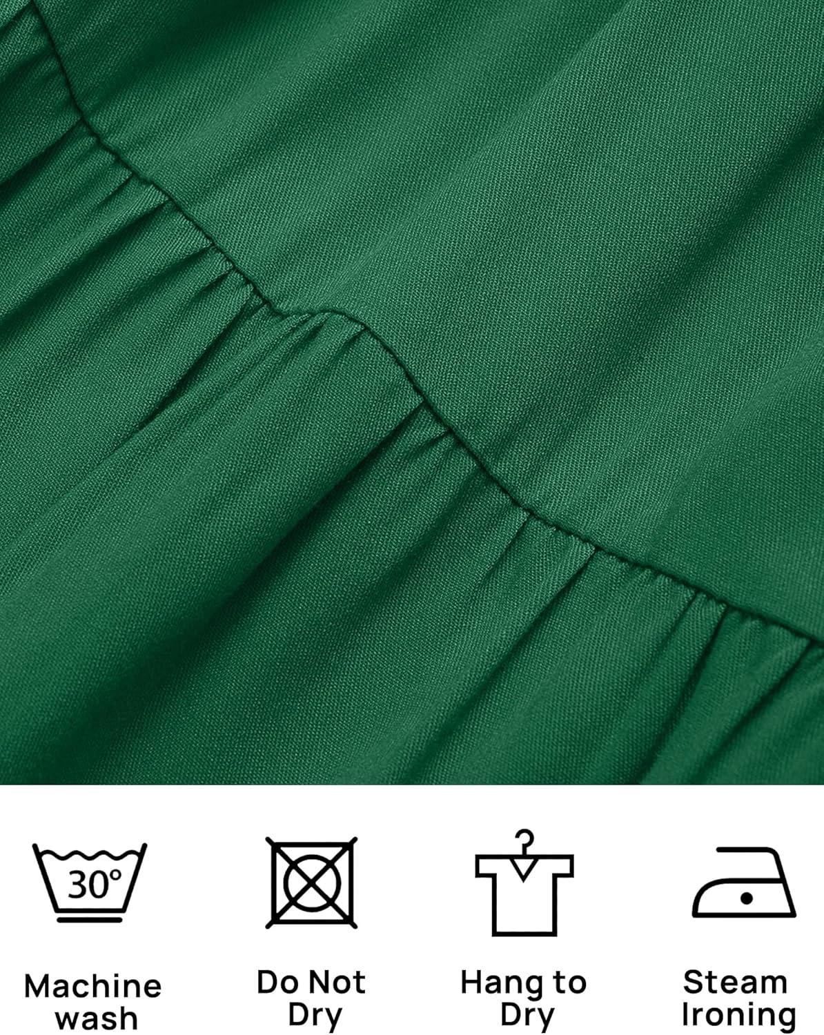 imageZESICA Womens 2026 Summer Square Neck Short Puff Sleeve Solid Color High Waist Casual Smocked Flowy A Line Tiered Midi DressForest Green