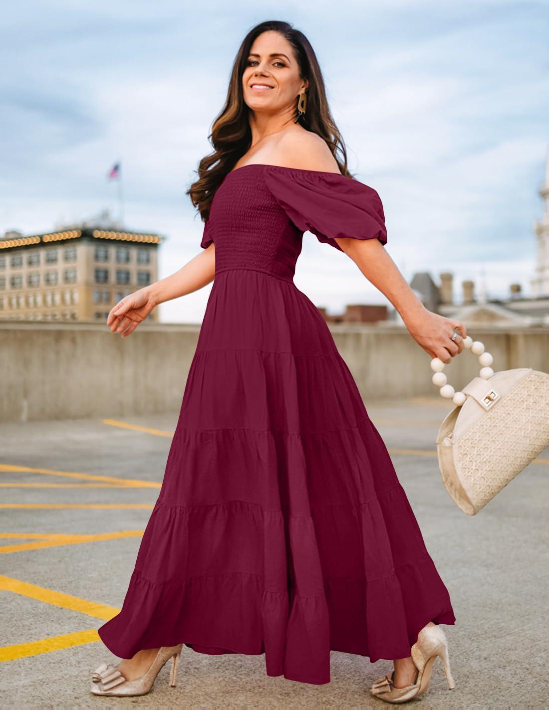 imageZESICA Womens 2026 Summer Square Neck Short Puff Sleeve Solid Color High Waist Casual Smocked Flowy A Line Tiered Midi DressFuchsia