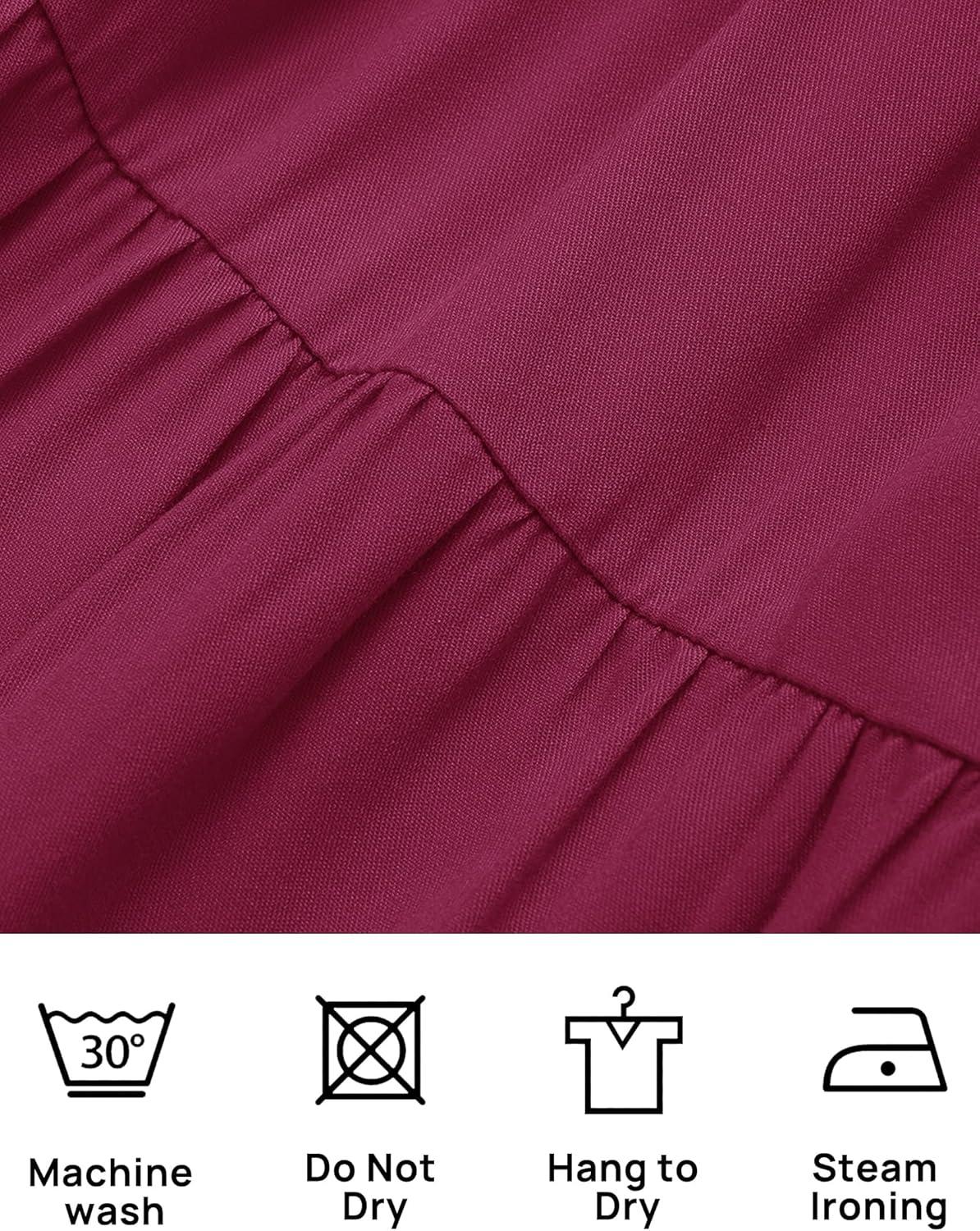 imageZESICA Womens 2026 Summer Square Neck Short Puff Sleeve Solid Color High Waist Casual Smocked Flowy A Line Tiered Midi DressFuchsia