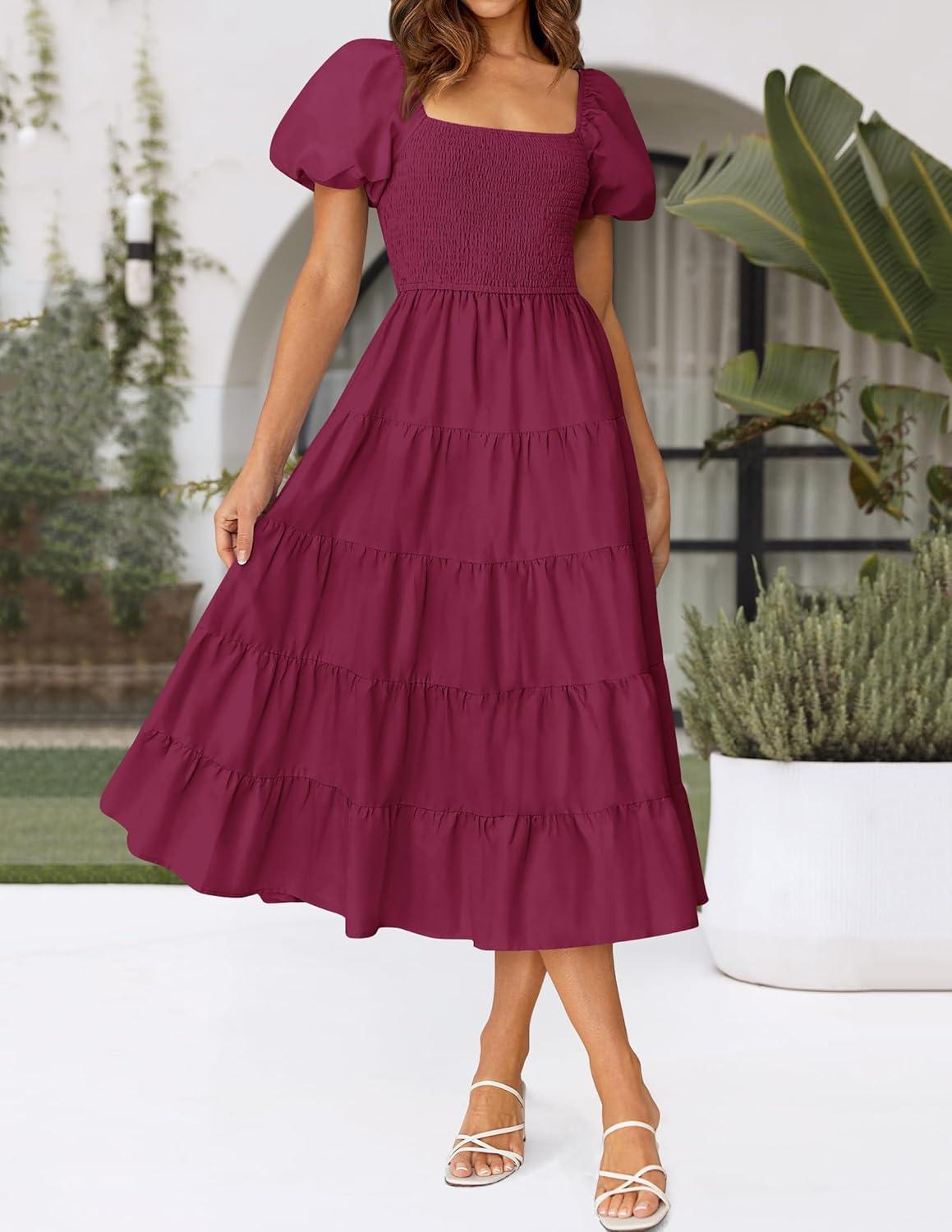 imageZESICA Womens 2026 Summer Square Neck Short Puff Sleeve Solid Color High Waist Casual Smocked Flowy A Line Tiered Midi DressFuchsia