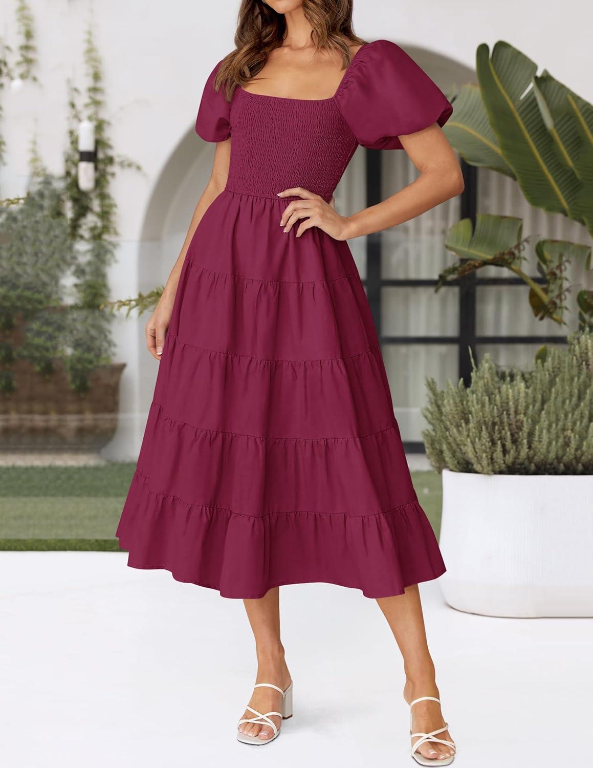imageZESICA Womens 2026 Summer Square Neck Short Puff Sleeve Solid Color High Waist Casual Smocked Flowy A Line Tiered Midi DressFuchsia