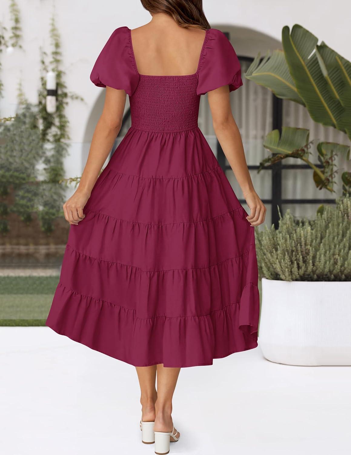imageZESICA Womens 2026 Summer Square Neck Short Puff Sleeve Solid Color High Waist Casual Smocked Flowy A Line Tiered Midi DressFuchsia