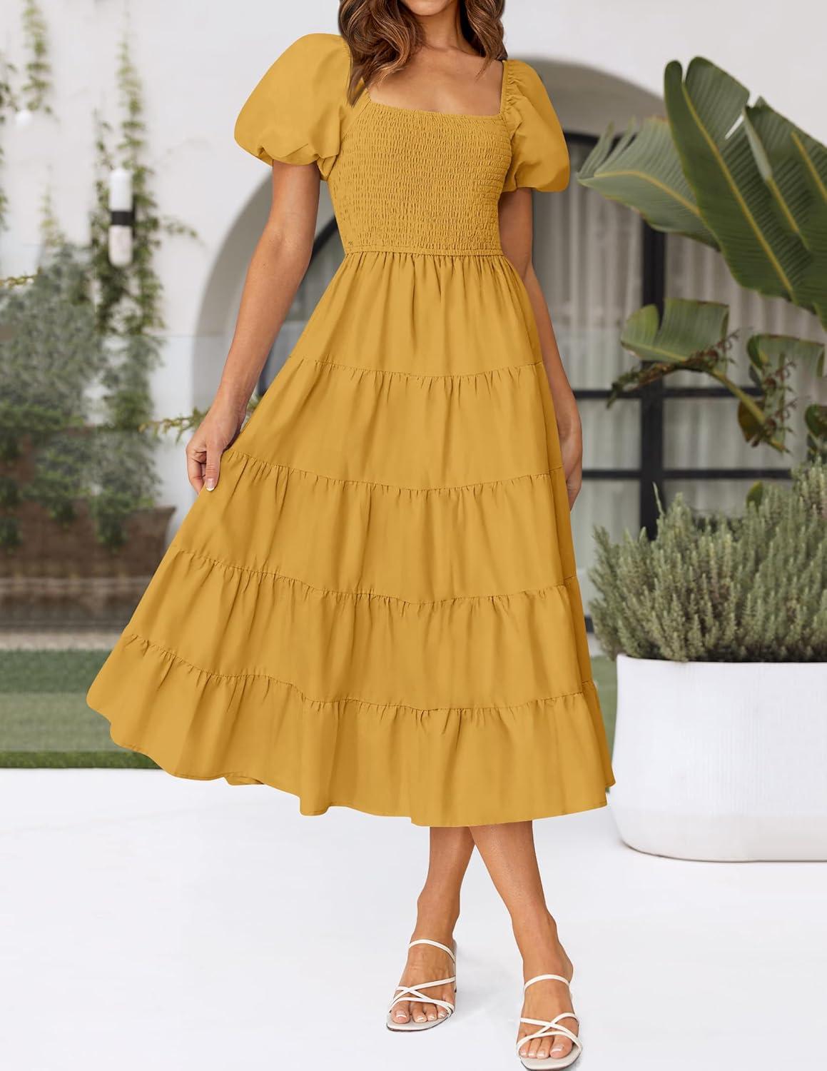 imageZESICA Womens 2026 Summer Square Neck Short Puff Sleeve Solid Color High Waist Casual Smocked Flowy A Line Tiered Midi DressGinger