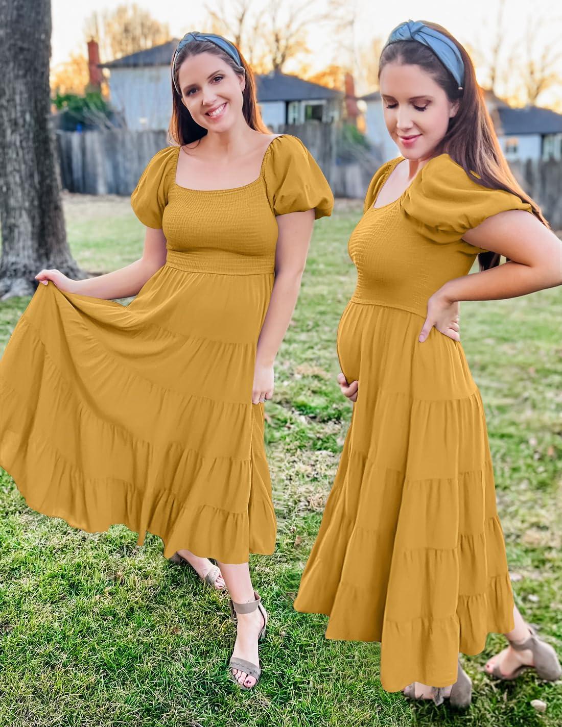 imageZESICA Womens 2026 Summer Square Neck Short Puff Sleeve Solid Color High Waist Casual Smocked Flowy A Line Tiered Midi DressGinger