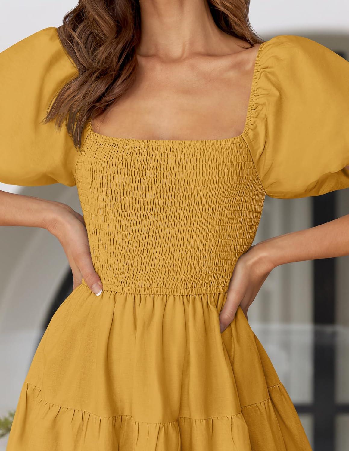 imageZESICA Womens 2026 Summer Square Neck Short Puff Sleeve Solid Color High Waist Casual Smocked Flowy A Line Tiered Midi DressGinger