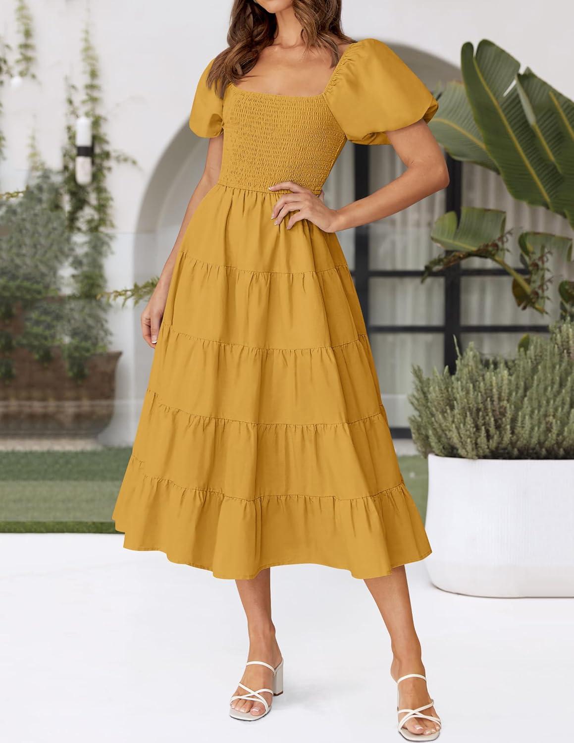 imageZESICA Womens 2026 Summer Square Neck Short Puff Sleeve Solid Color High Waist Casual Smocked Flowy A Line Tiered Midi DressGinger