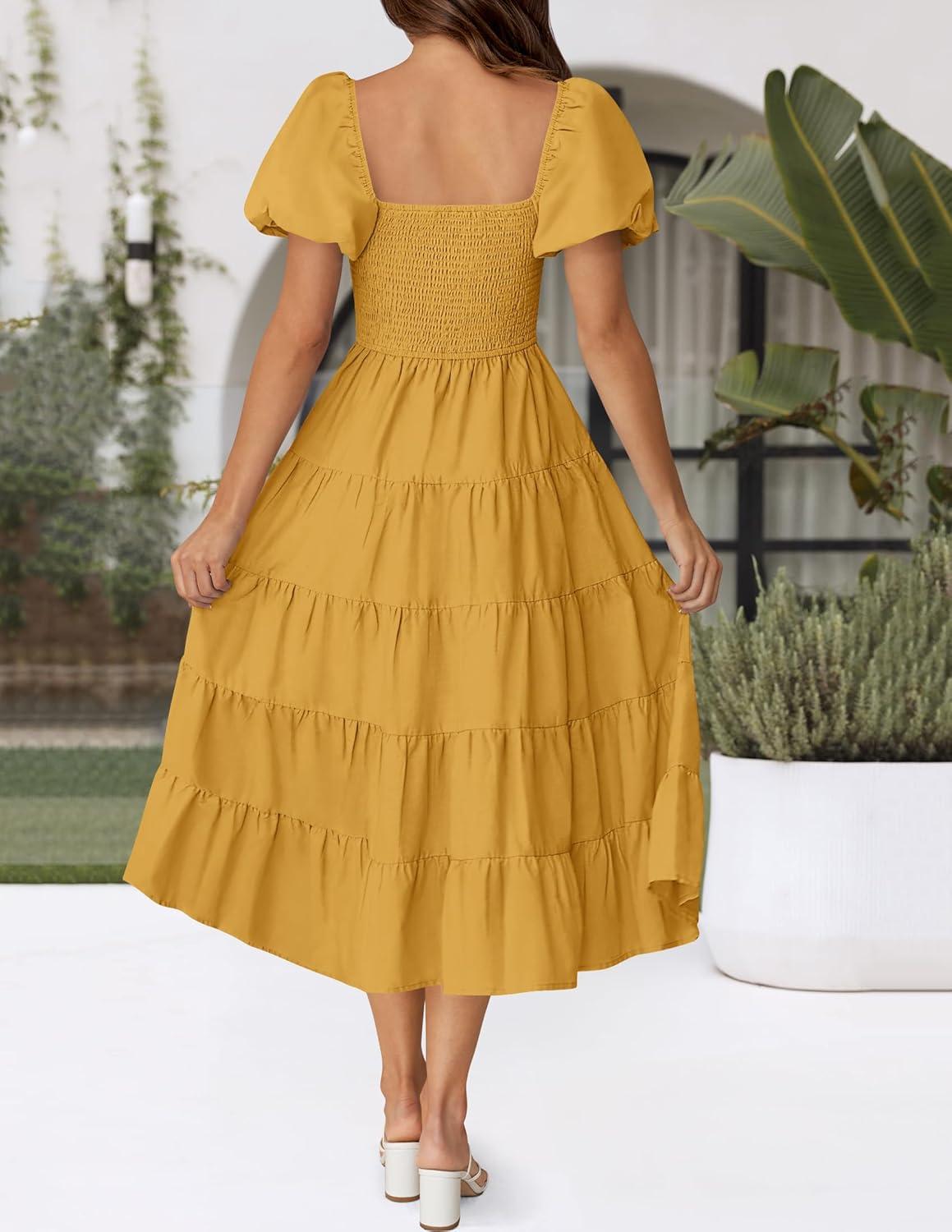 imageZESICA Womens 2026 Summer Square Neck Short Puff Sleeve Solid Color High Waist Casual Smocked Flowy A Line Tiered Midi DressGinger