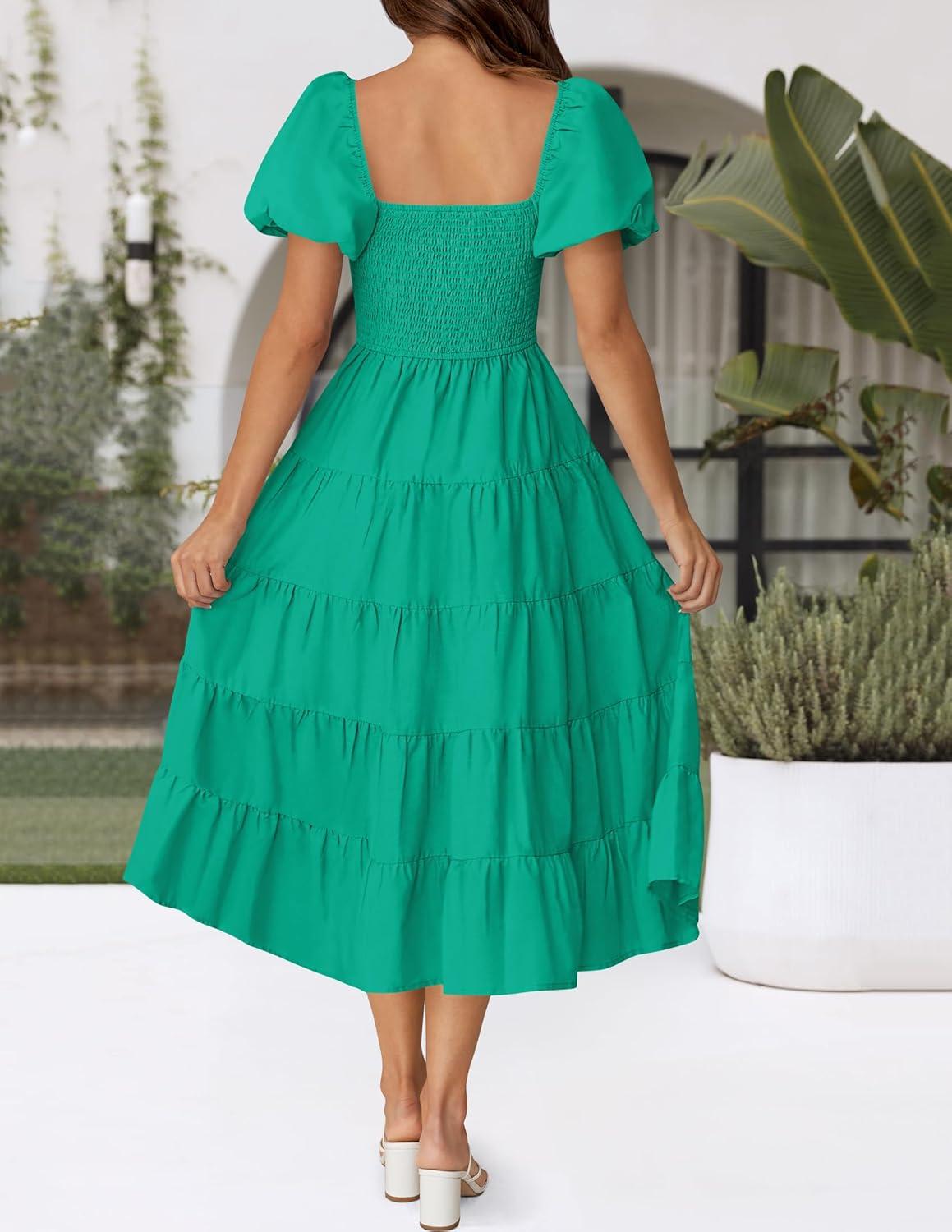 imageZESICA Womens 2026 Summer Square Neck Short Puff Sleeve Solid Color High Waist Casual Smocked Flowy A Line Tiered Midi DressGreen