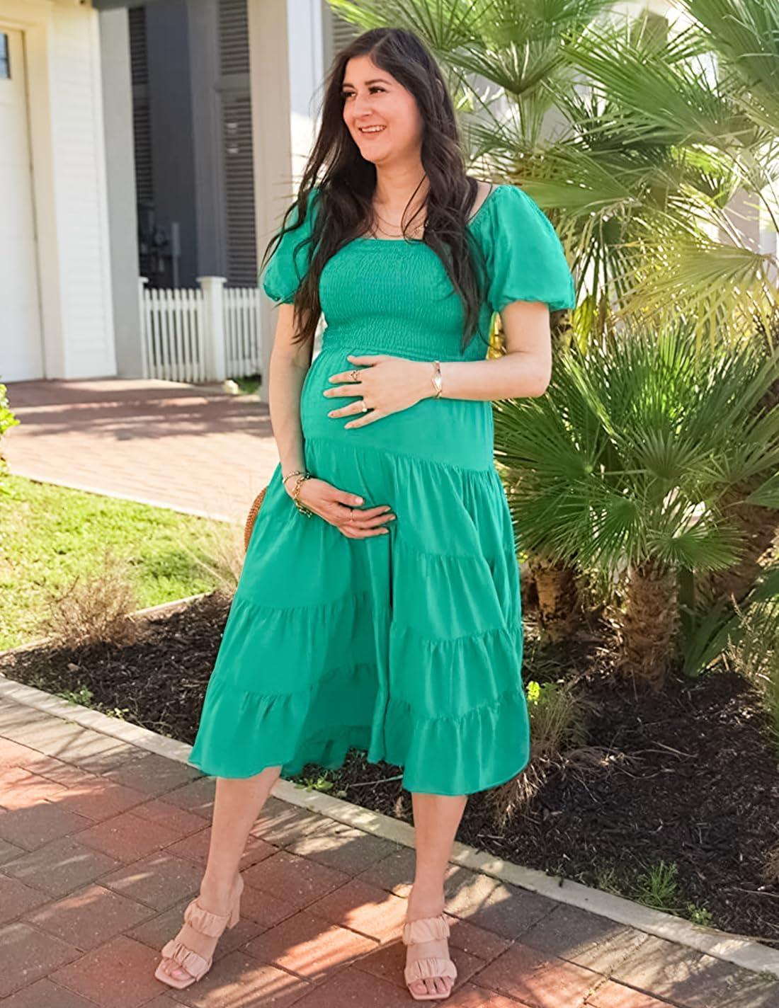 imageZESICA Womens 2026 Summer Square Neck Short Puff Sleeve Solid Color High Waist Casual Smocked Flowy A Line Tiered Midi DressGreen