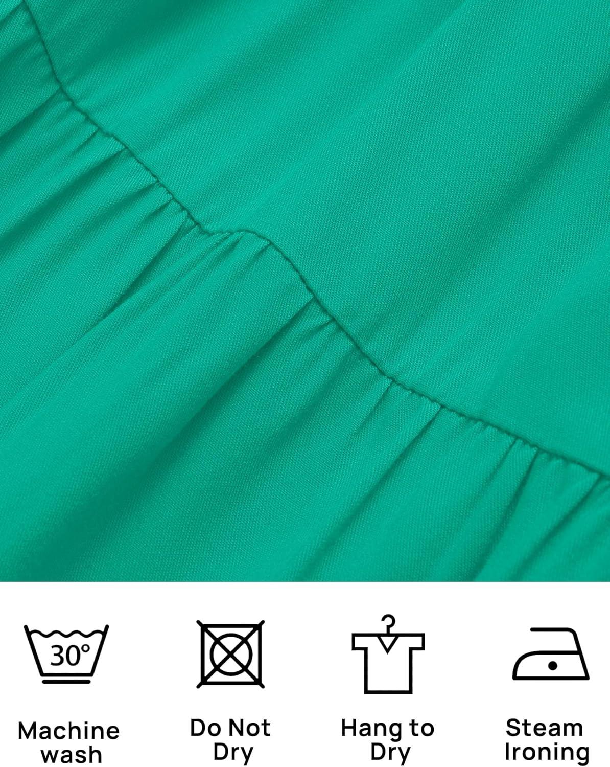 imageZESICA Womens 2026 Summer Square Neck Short Puff Sleeve Solid Color High Waist Casual Smocked Flowy A Line Tiered Midi DressGreen