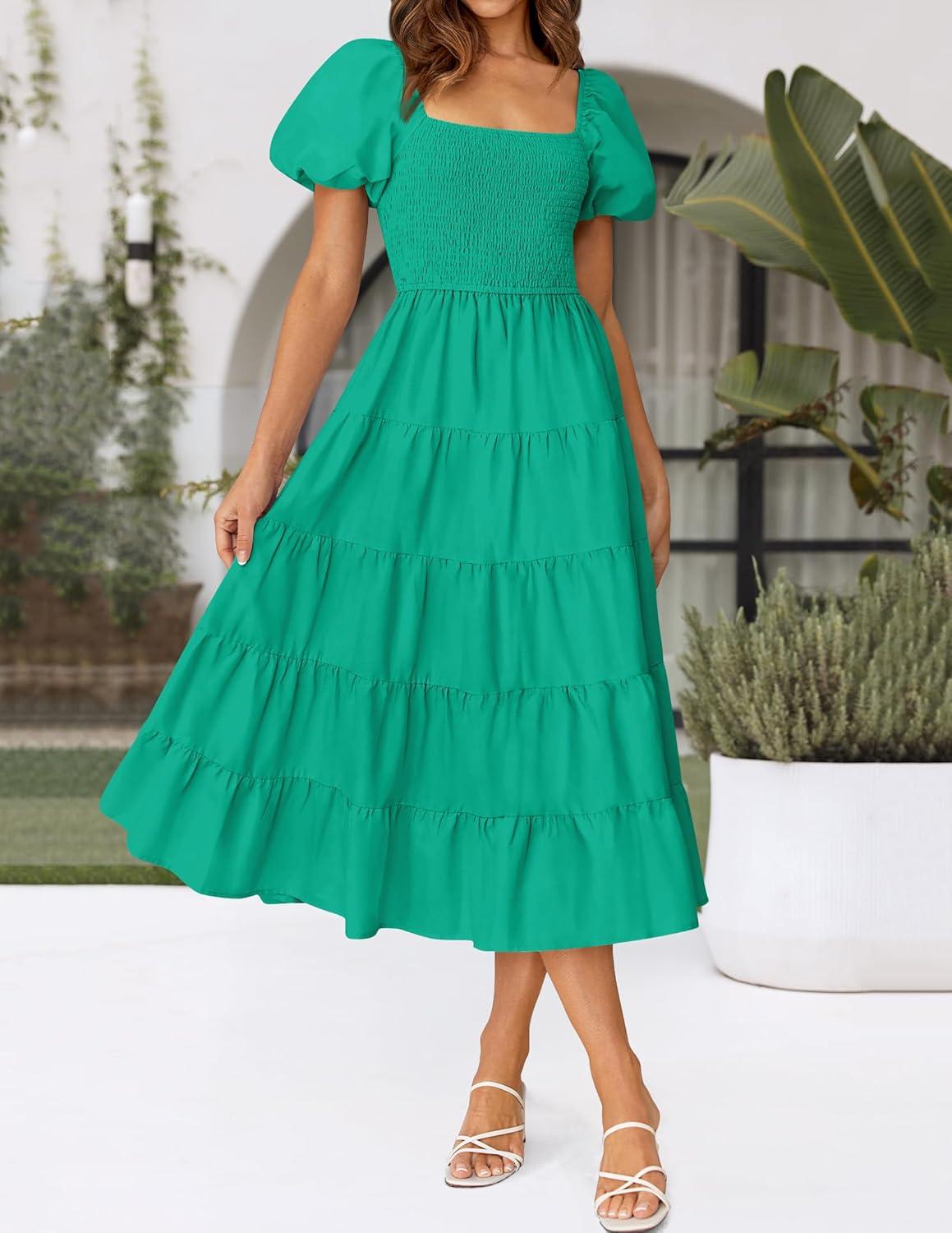 imageZESICA Womens 2026 Summer Square Neck Short Puff Sleeve Solid Color High Waist Casual Smocked Flowy A Line Tiered Midi DressGreen