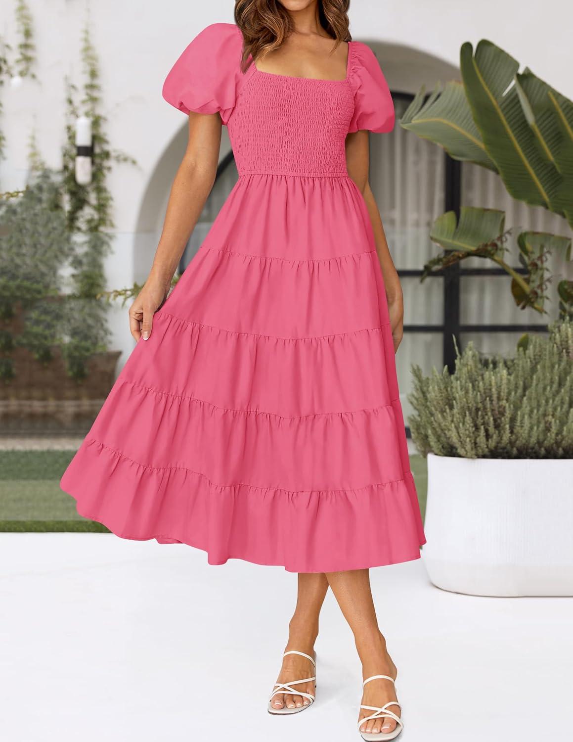 imageZESICA Womens 2026 Summer Square Neck Short Puff Sleeve Solid Color High Waist Casual Smocked Flowy A Line Tiered Midi DressHot Pink