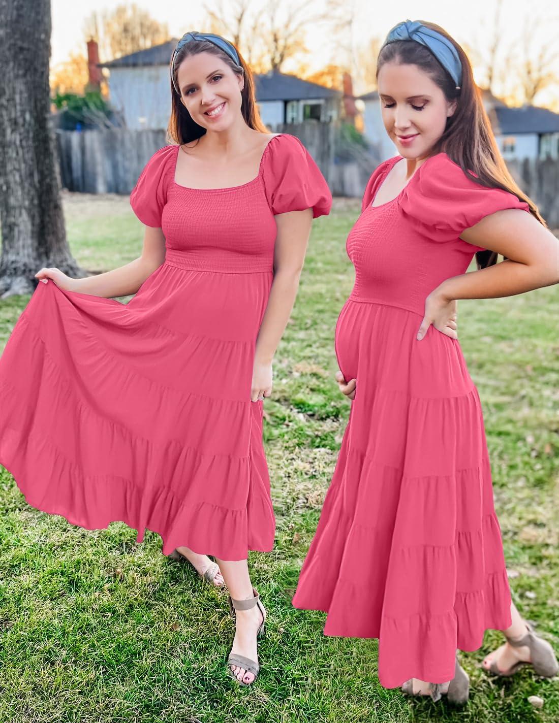 imageZESICA Womens 2026 Summer Square Neck Short Puff Sleeve Solid Color High Waist Casual Smocked Flowy A Line Tiered Midi DressHot Pink
