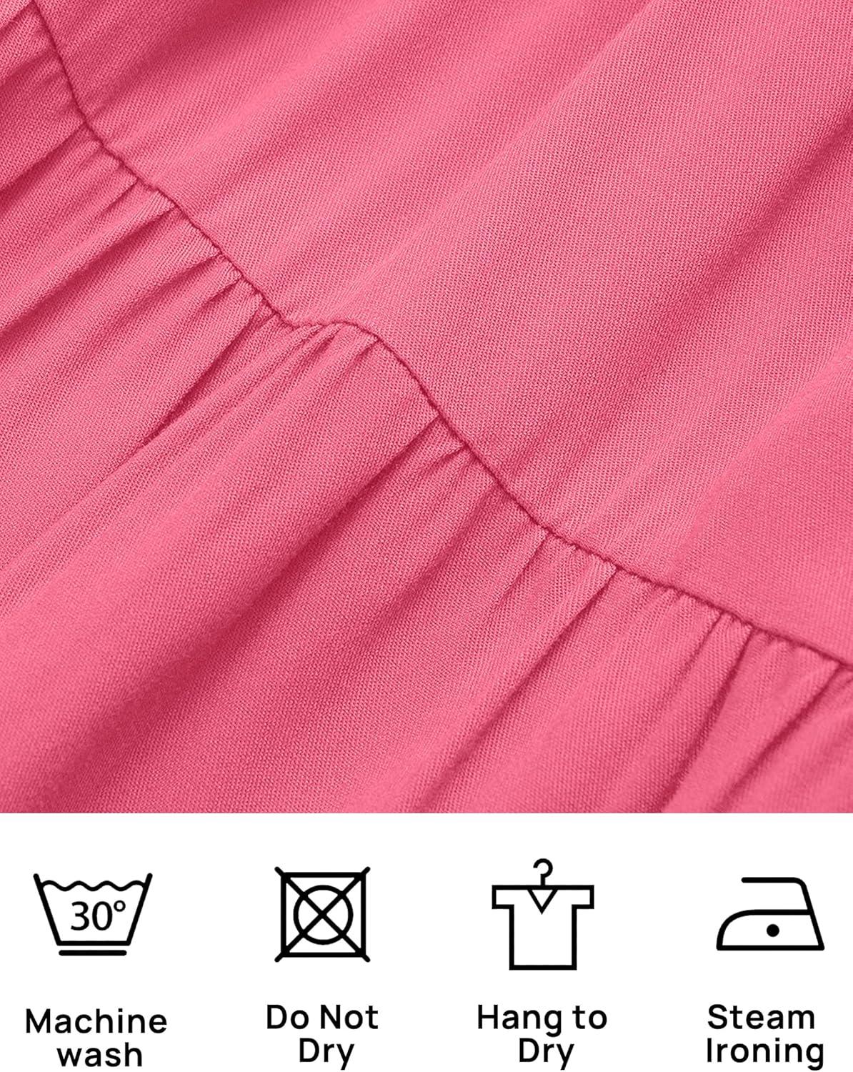 imageZESICA Womens 2026 Summer Square Neck Short Puff Sleeve Solid Color High Waist Casual Smocked Flowy A Line Tiered Midi DressHot Pink