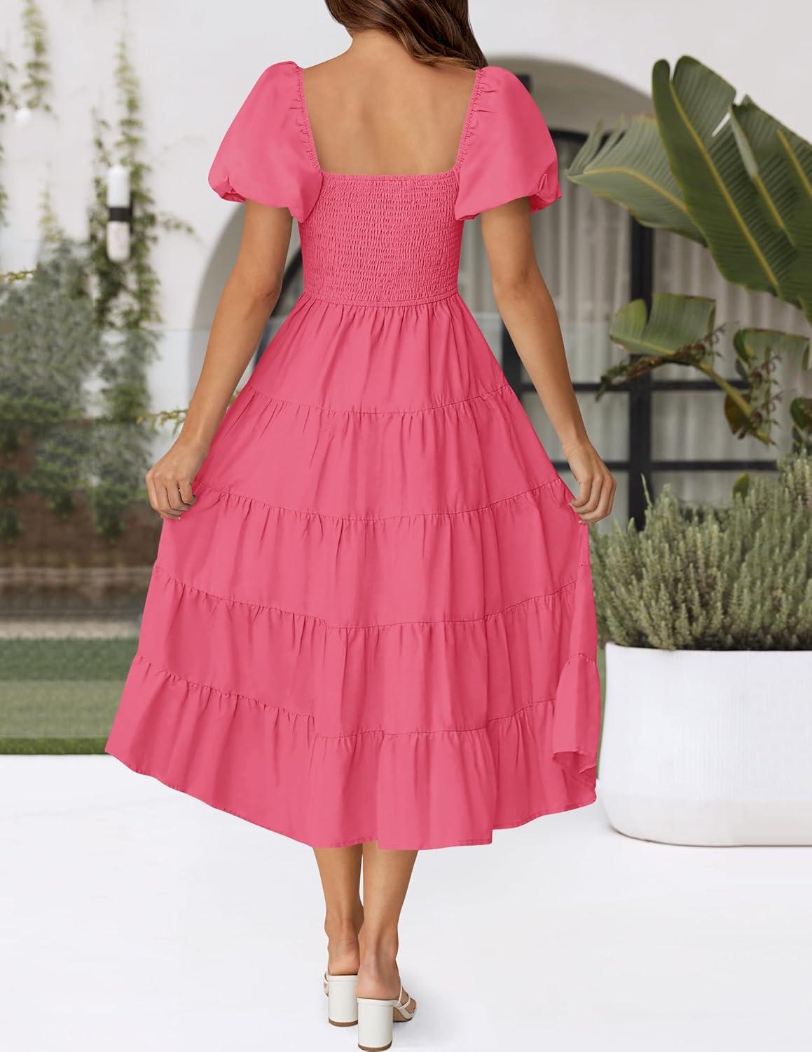 imageZESICA Womens 2026 Summer Square Neck Short Puff Sleeve Solid Color High Waist Casual Smocked Flowy A Line Tiered Midi DressHot Pink