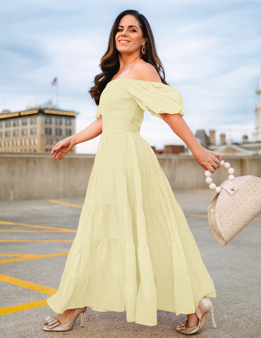 imageZESICA Womens 2026 Summer Square Neck Short Puff Sleeve Solid Color High Waist Casual Smocked Flowy A Line Tiered Midi DressLight Yellow