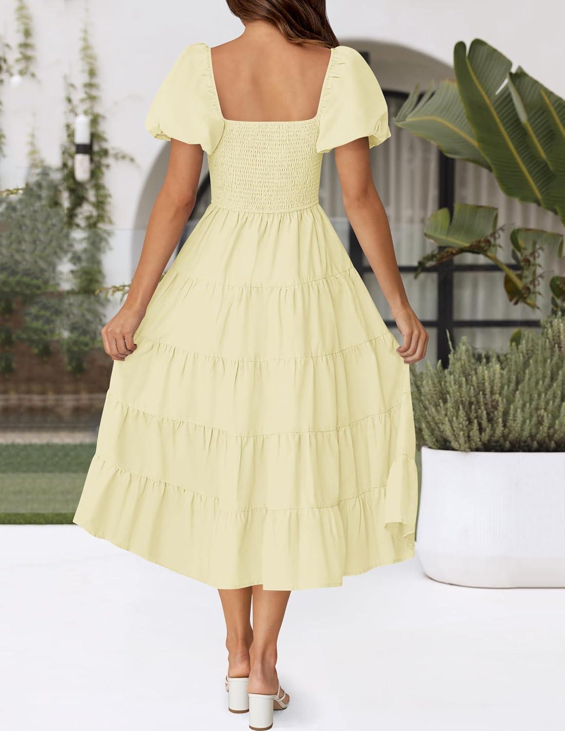 imageZESICA Womens 2026 Summer Square Neck Short Puff Sleeve Solid Color High Waist Casual Smocked Flowy A Line Tiered Midi DressLight Yellow