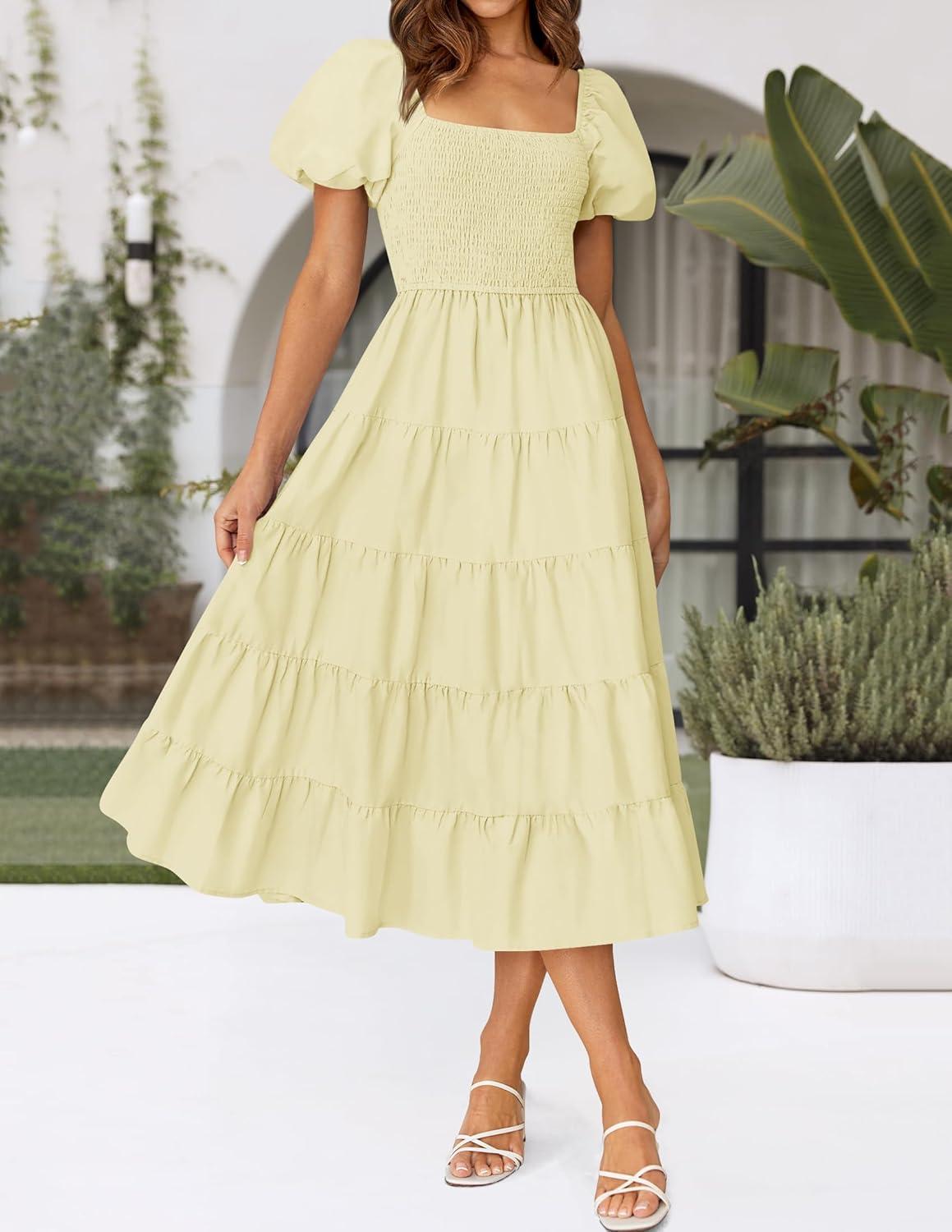 imageZESICA Womens 2026 Summer Square Neck Short Puff Sleeve Solid Color High Waist Casual Smocked Flowy A Line Tiered Midi DressLight Yellow