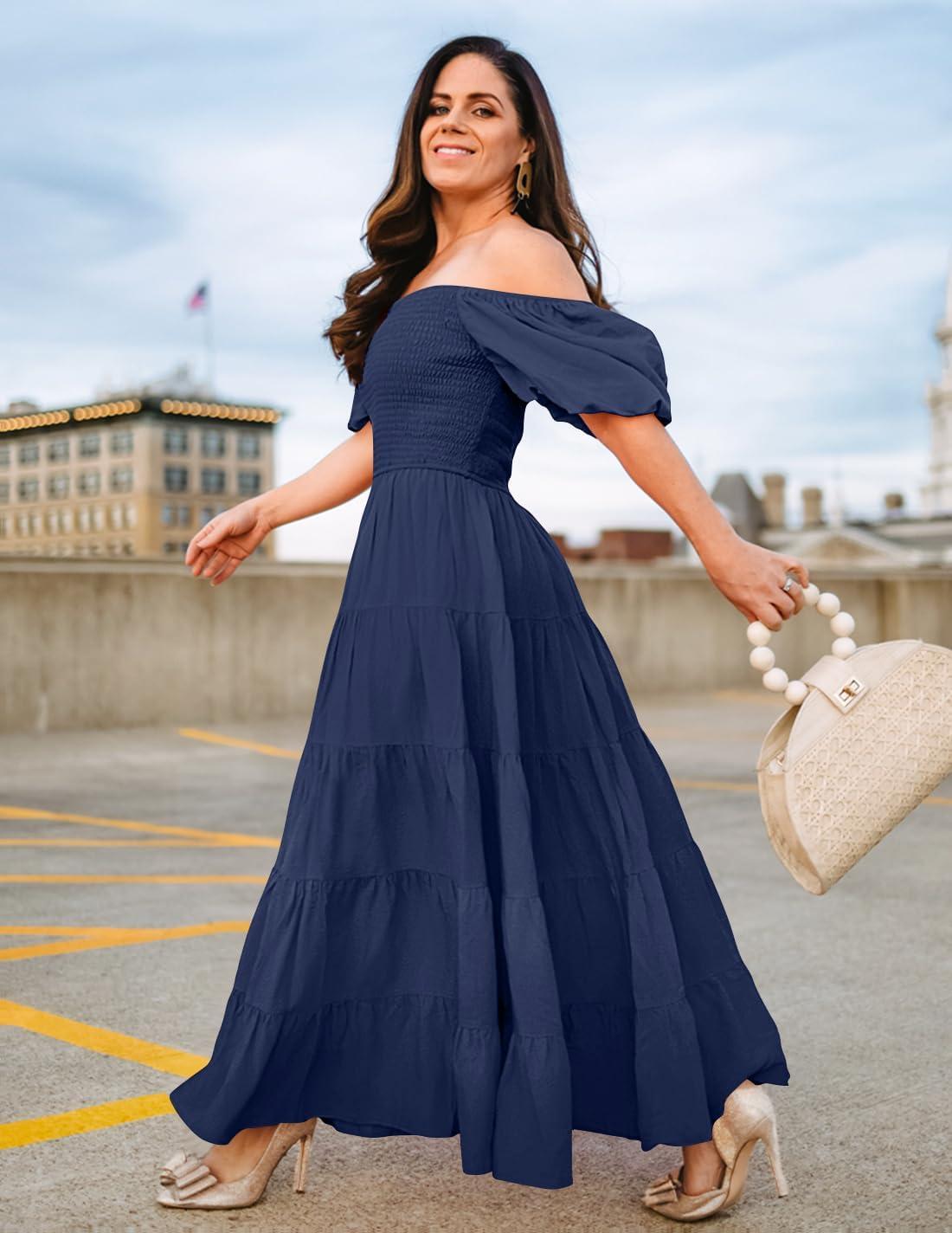 imageZESICA Womens 2026 Summer Square Neck Short Puff Sleeve Solid Color High Waist Casual Smocked Flowy A Line Tiered Midi DressNavy
