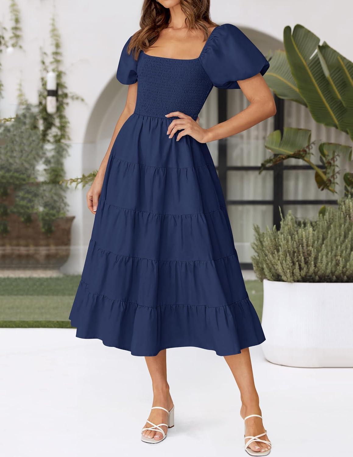 imageZESICA Womens 2026 Summer Square Neck Short Puff Sleeve Solid Color High Waist Casual Smocked Flowy A Line Tiered Midi DressNavy