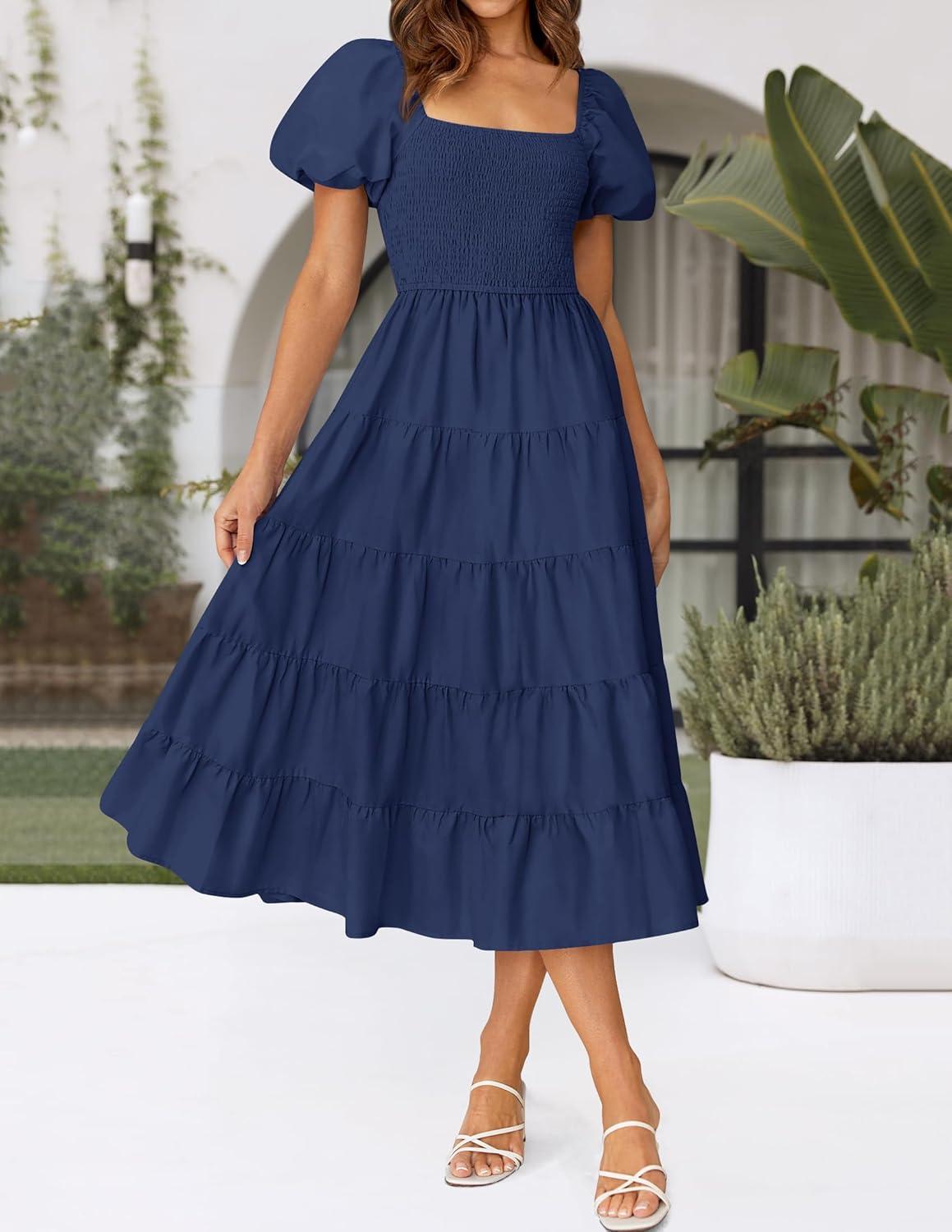 imageZESICA Womens 2026 Summer Square Neck Short Puff Sleeve Solid Color High Waist Casual Smocked Flowy A Line Tiered Midi DressNavy