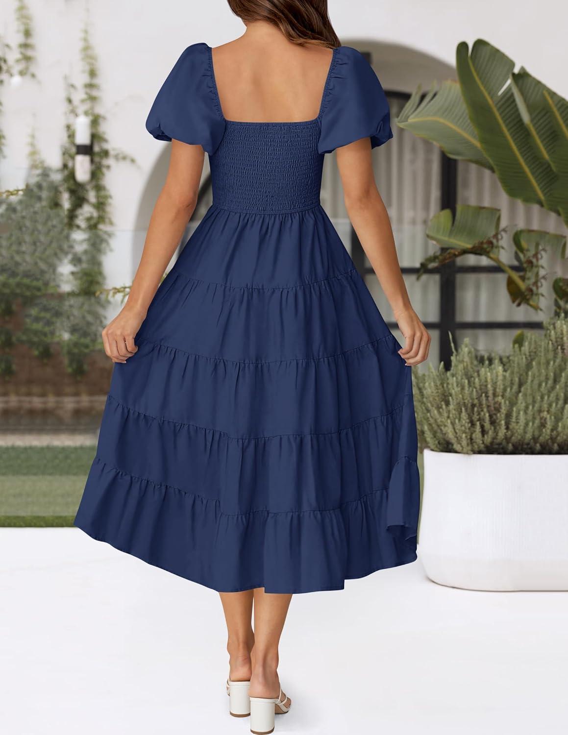 imageZESICA Womens 2026 Summer Square Neck Short Puff Sleeve Solid Color High Waist Casual Smocked Flowy A Line Tiered Midi DressNavy