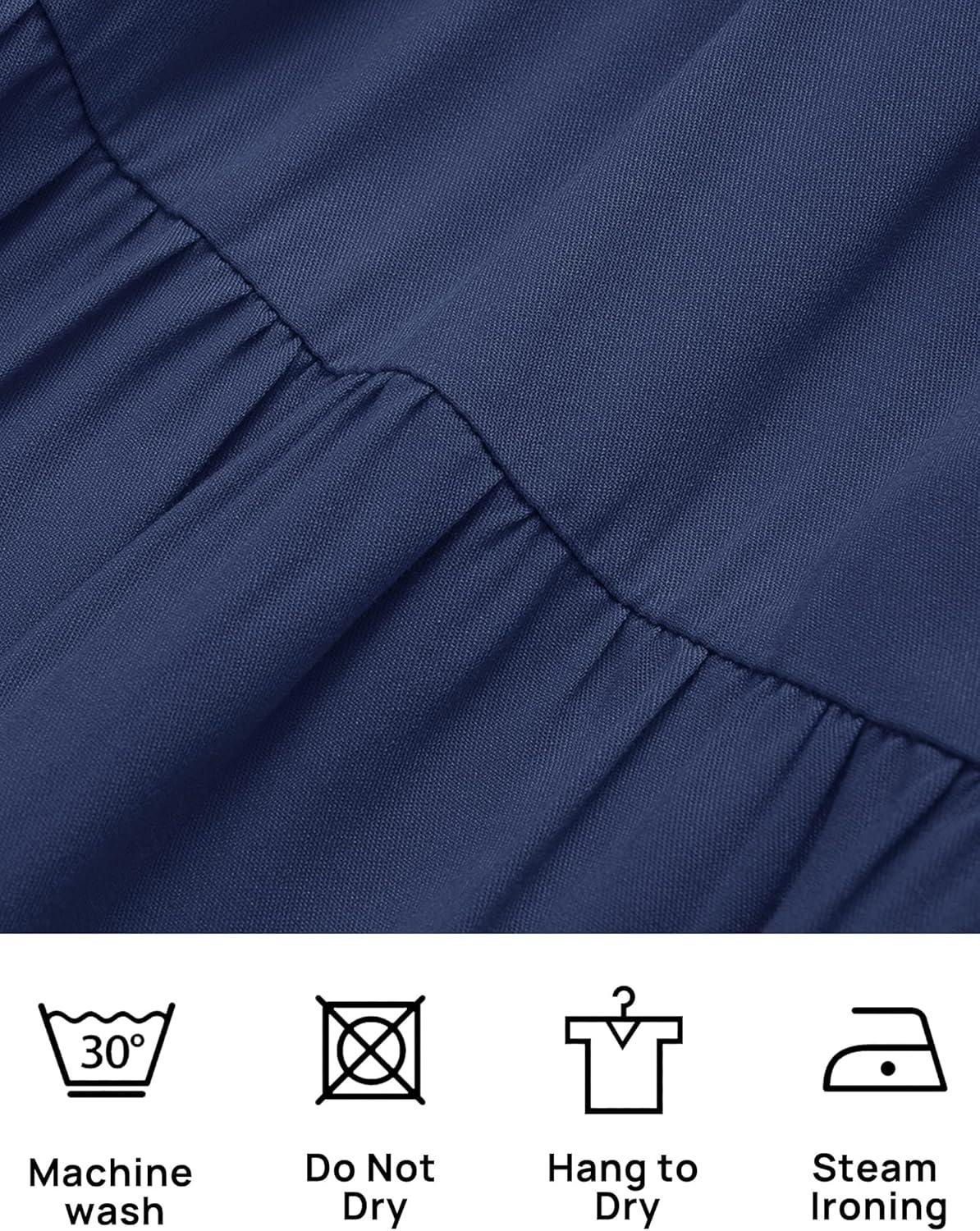 imageZESICA Womens 2026 Summer Square Neck Short Puff Sleeve Solid Color High Waist Casual Smocked Flowy A Line Tiered Midi DressNavy
