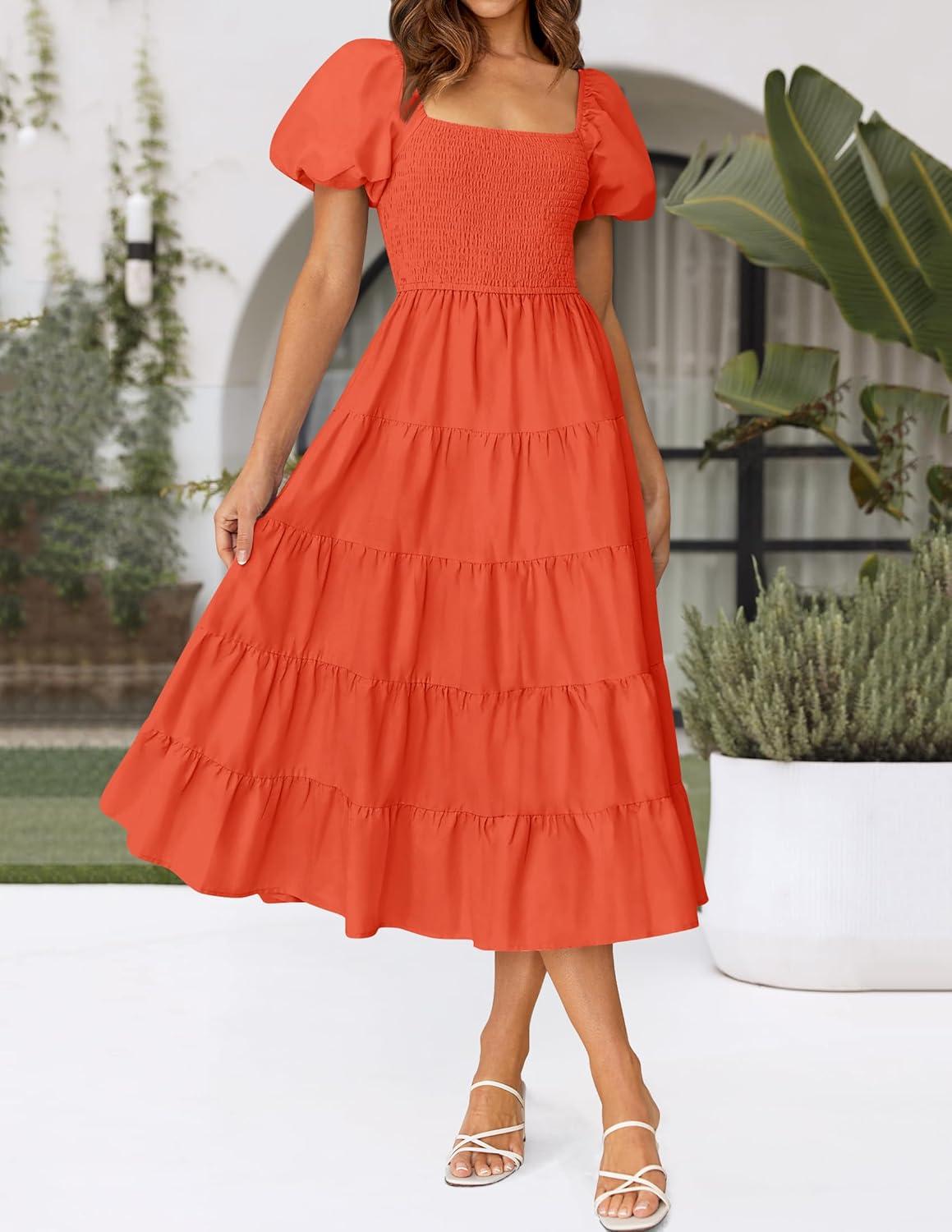 imageZESICA Womens 2026 Summer Square Neck Short Puff Sleeve Solid Color High Waist Casual Smocked Flowy A Line Tiered Midi DressOrange