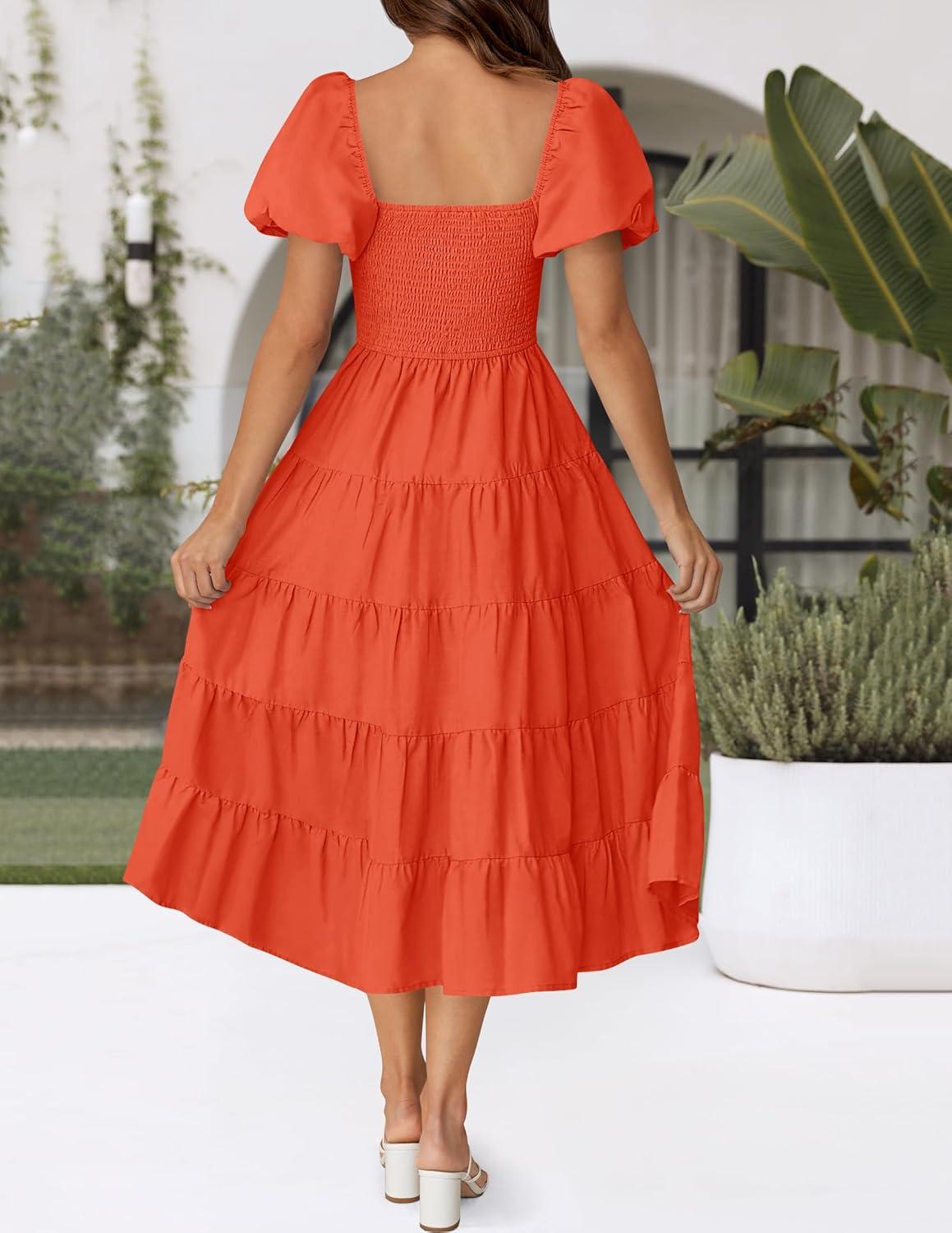 imageZESICA Womens 2026 Summer Square Neck Short Puff Sleeve Solid Color High Waist Casual Smocked Flowy A Line Tiered Midi DressOrange