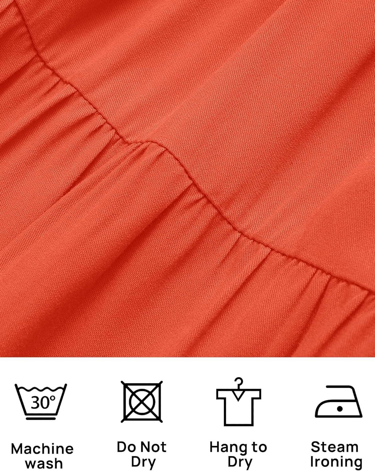 imageZESICA Womens 2026 Summer Square Neck Short Puff Sleeve Solid Color High Waist Casual Smocked Flowy A Line Tiered Midi DressOrange