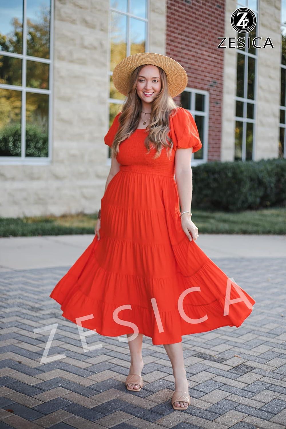 imageZESICA Womens 2026 Summer Square Neck Short Puff Sleeve Solid Color High Waist Casual Smocked Flowy A Line Tiered Midi DressOrange