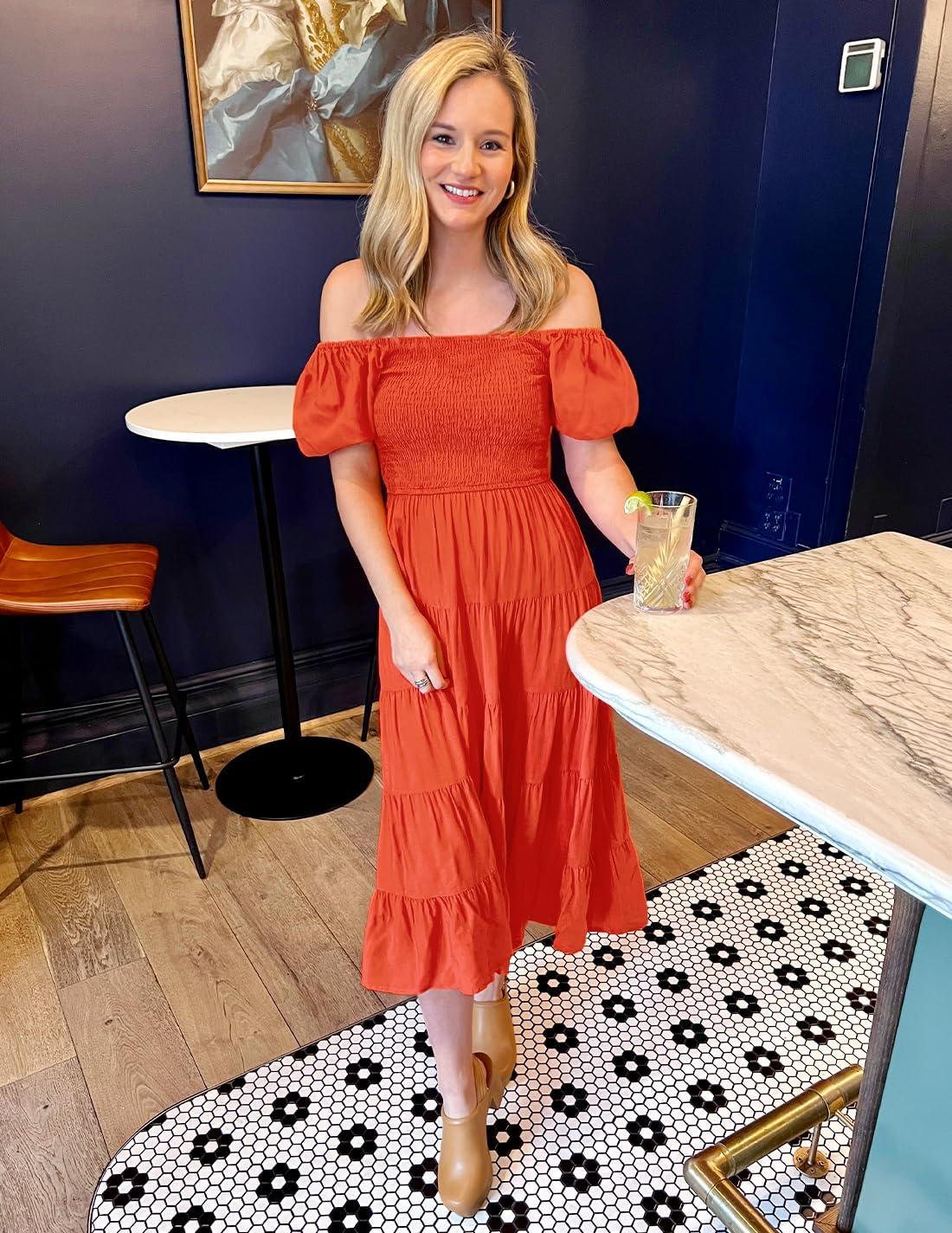 imageZESICA Womens 2026 Summer Square Neck Short Puff Sleeve Solid Color High Waist Casual Smocked Flowy A Line Tiered Midi DressOrange