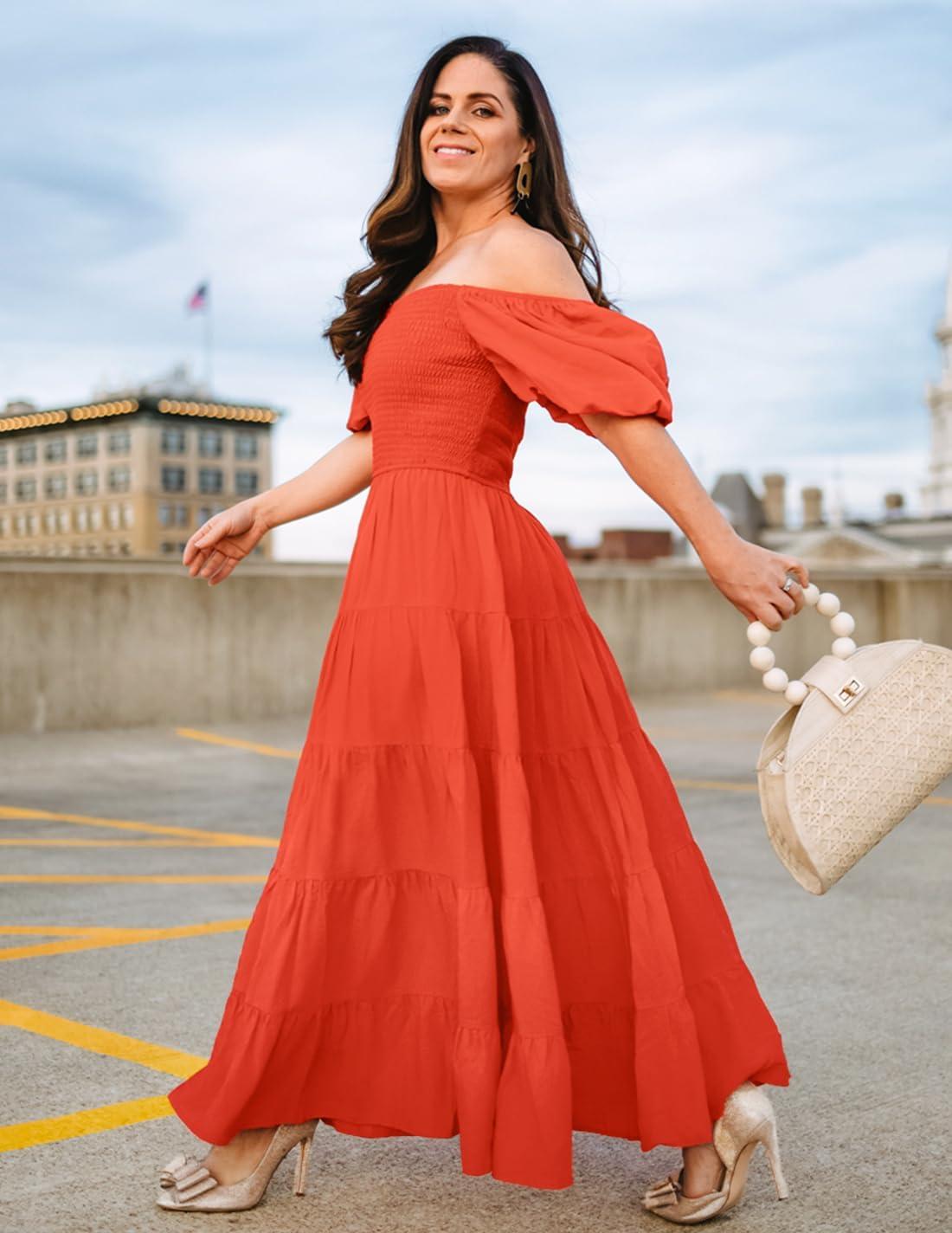 imageZESICA Womens 2026 Summer Square Neck Short Puff Sleeve Solid Color High Waist Casual Smocked Flowy A Line Tiered Midi DressOrange