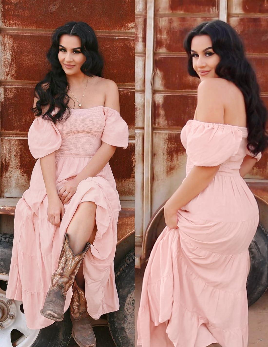 imageZESICA Womens 2026 Summer Square Neck Short Puff Sleeve Solid Color High Waist Casual Smocked Flowy A Line Tiered Midi DressPink