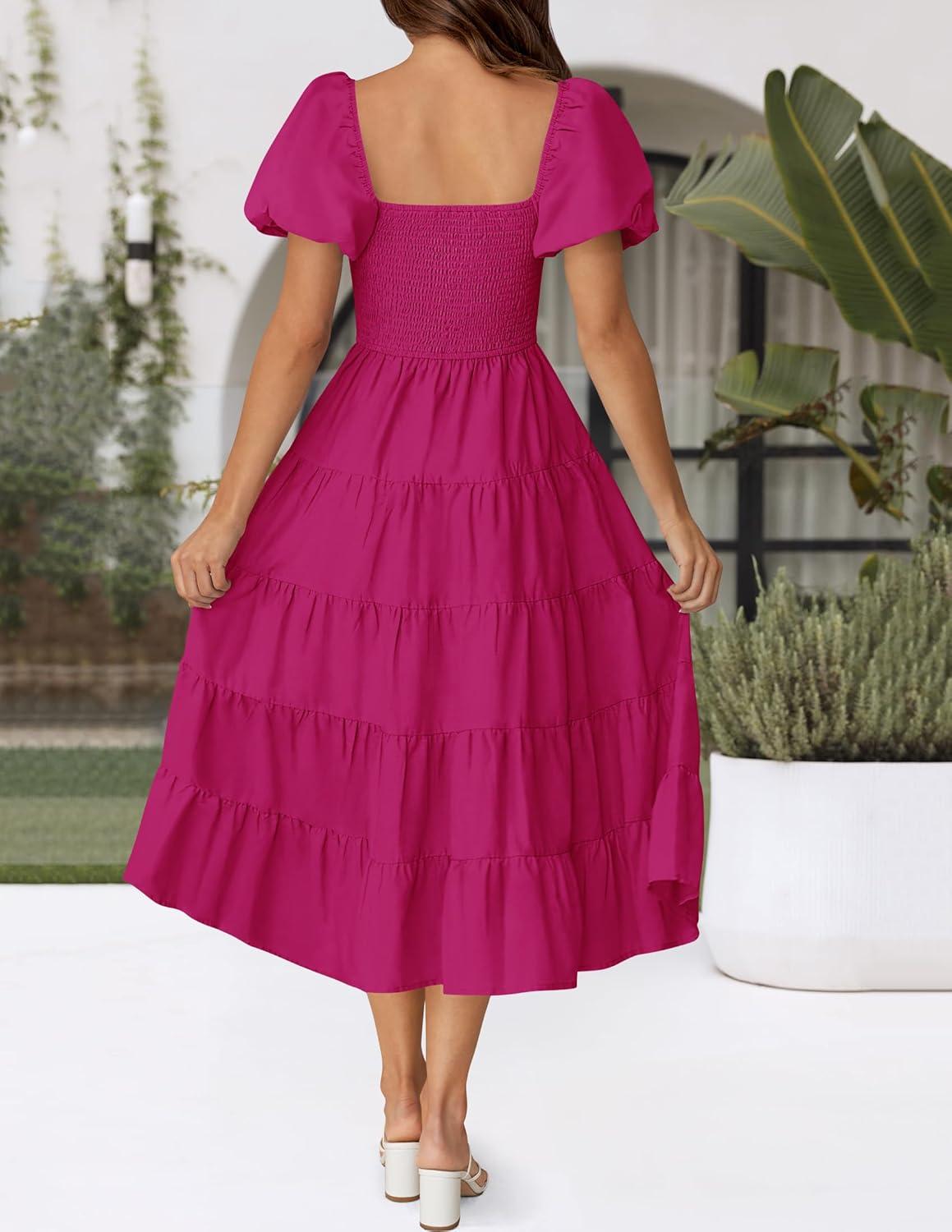 imageZESICA Womens 2026 Summer Square Neck Short Puff Sleeve Solid Color High Waist Casual Smocked Flowy A Line Tiered Midi DressRose