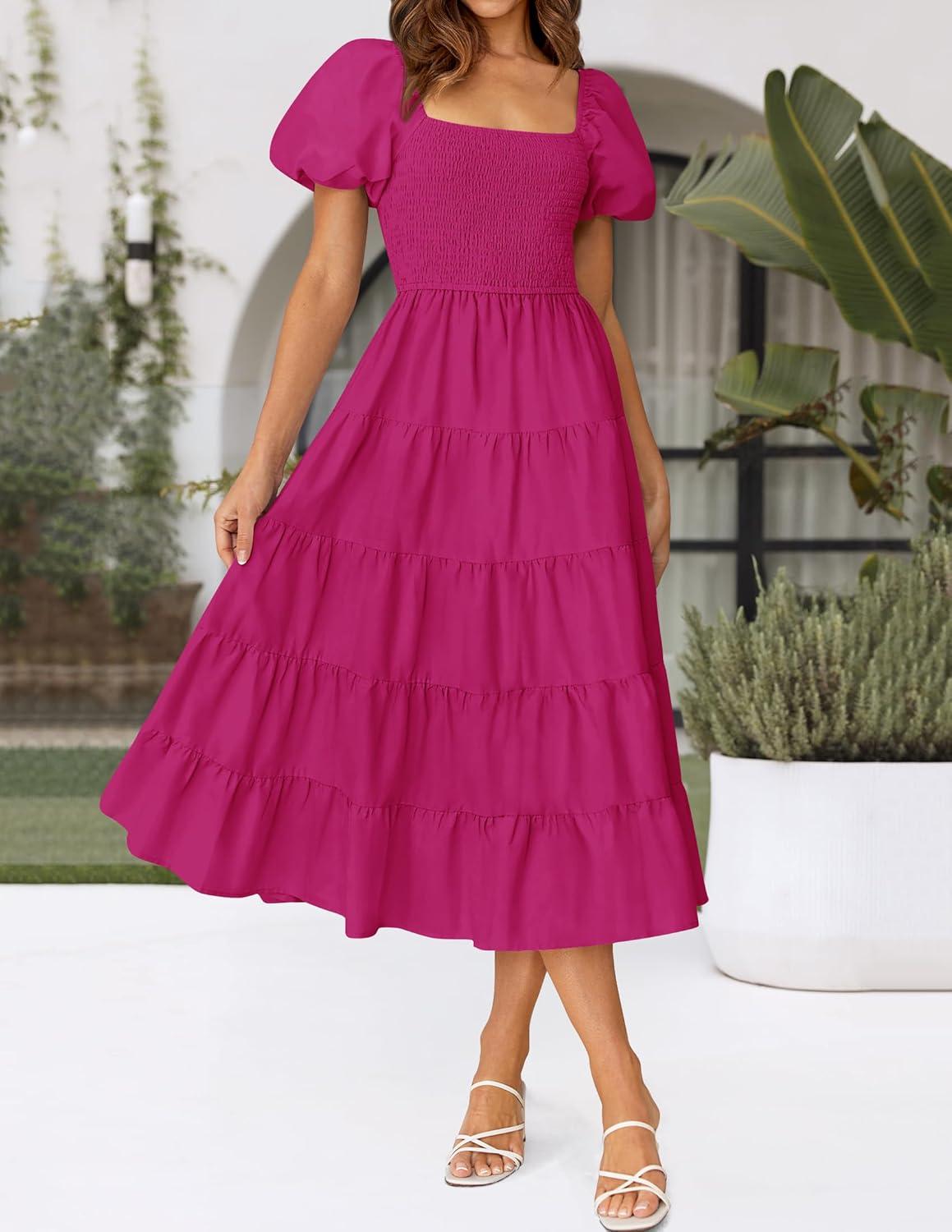 imageZESICA Womens 2026 Summer Square Neck Short Puff Sleeve Solid Color High Waist Casual Smocked Flowy A Line Tiered Midi DressRose