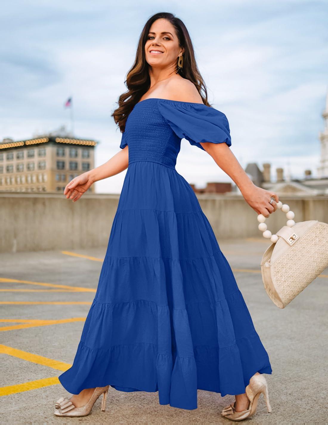 imageZESICA Womens 2026 Summer Square Neck Short Puff Sleeve Solid Color High Waist Casual Smocked Flowy A Line Tiered Midi DressRoyal Blue