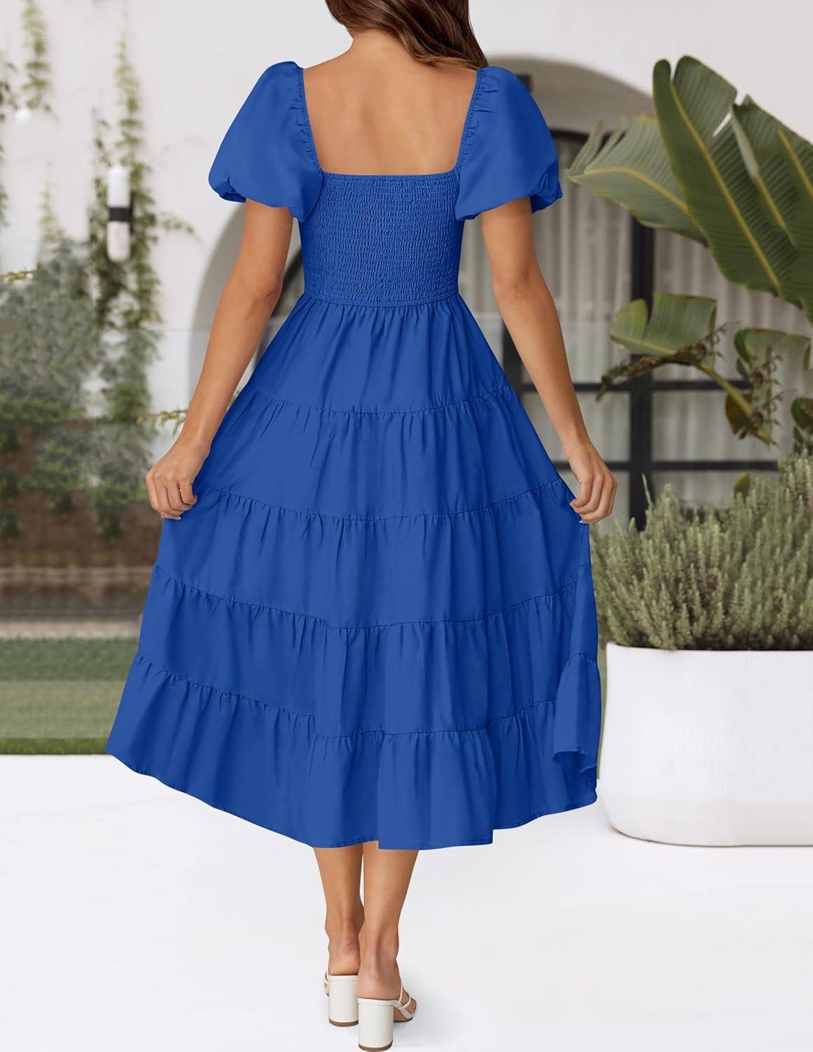 imageZESICA Womens 2026 Summer Square Neck Short Puff Sleeve Solid Color High Waist Casual Smocked Flowy A Line Tiered Midi DressRoyal Blue