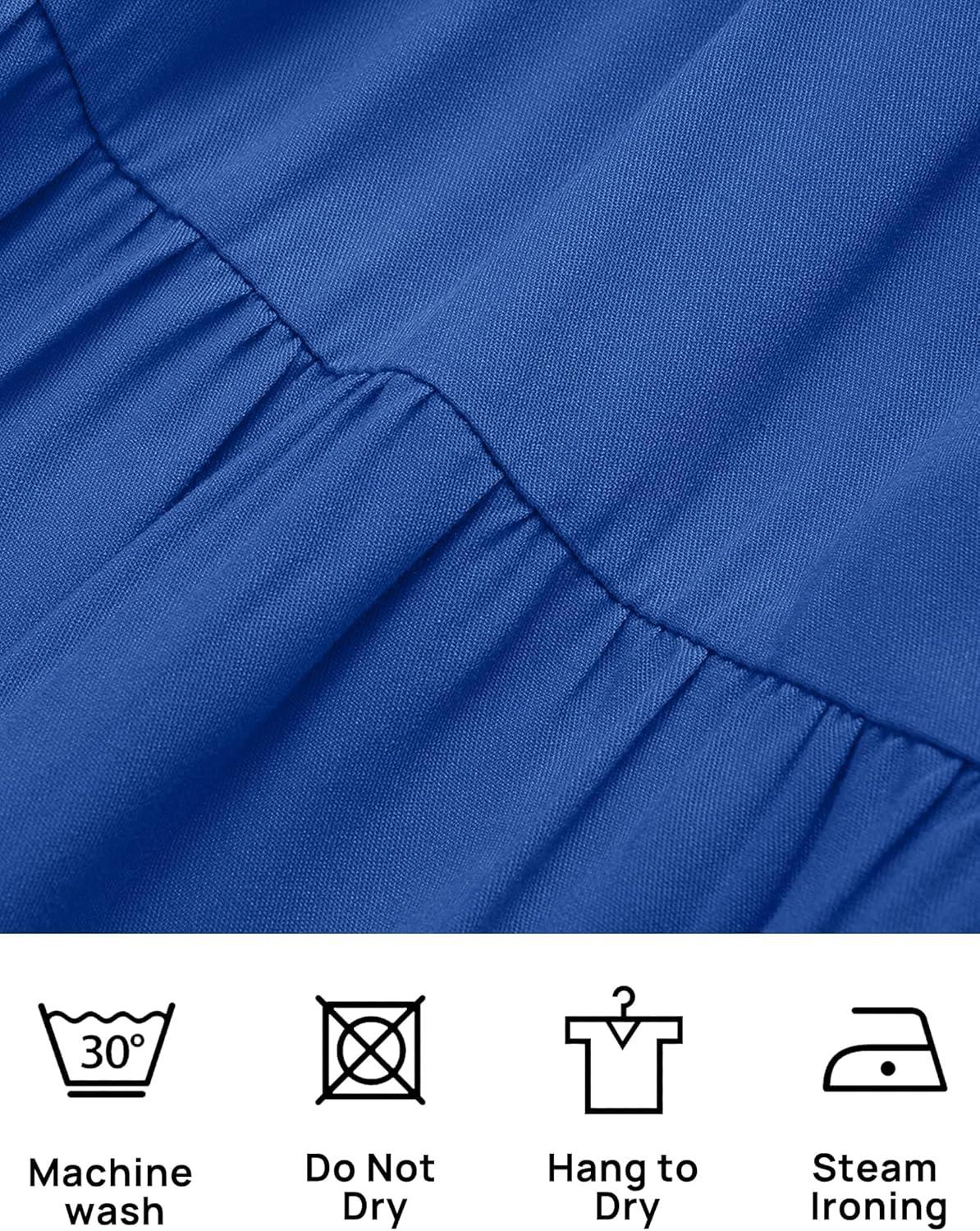 imageZESICA Womens 2026 Summer Square Neck Short Puff Sleeve Solid Color High Waist Casual Smocked Flowy A Line Tiered Midi DressRoyal Blue