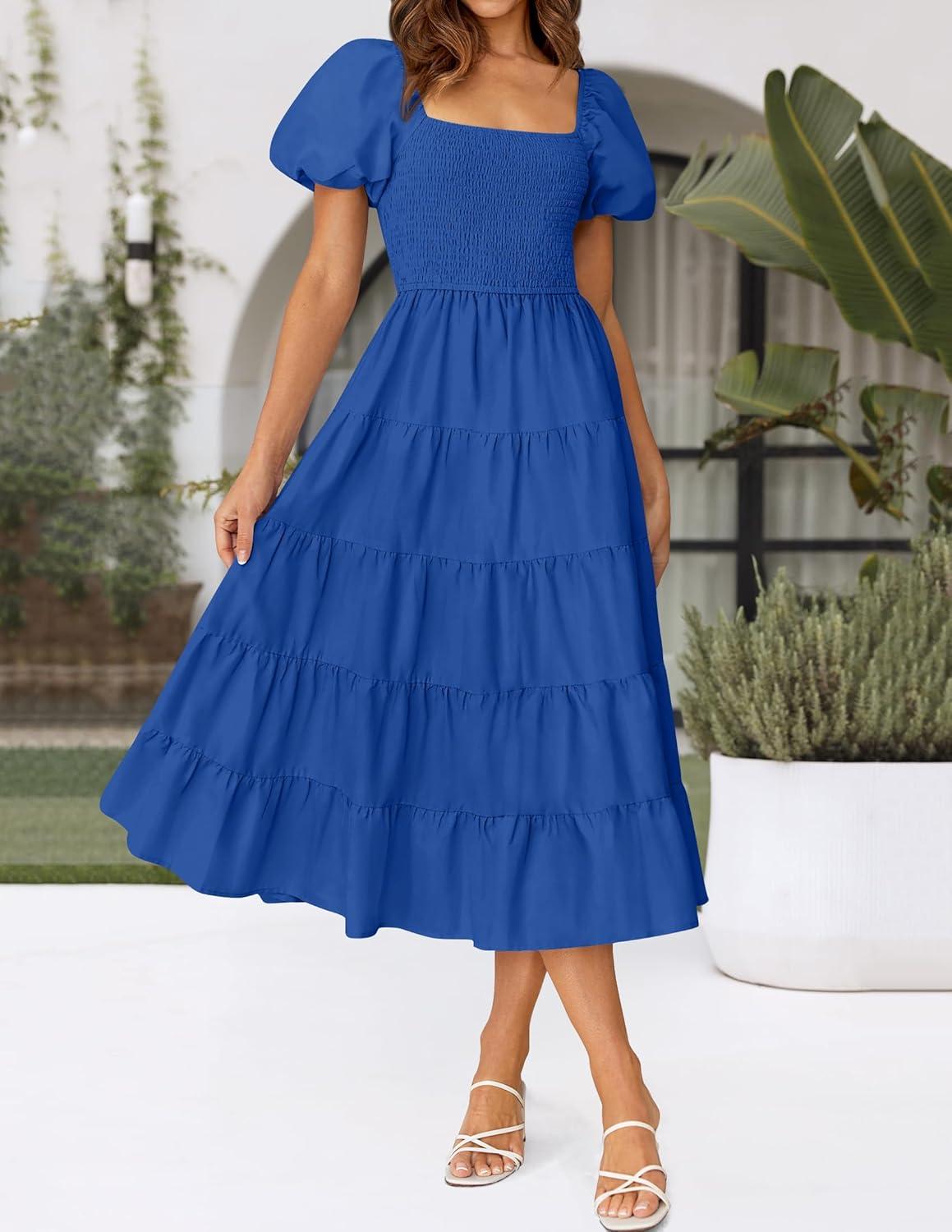 imageZESICA Womens 2026 Summer Square Neck Short Puff Sleeve Solid Color High Waist Casual Smocked Flowy A Line Tiered Midi DressRoyal Blue