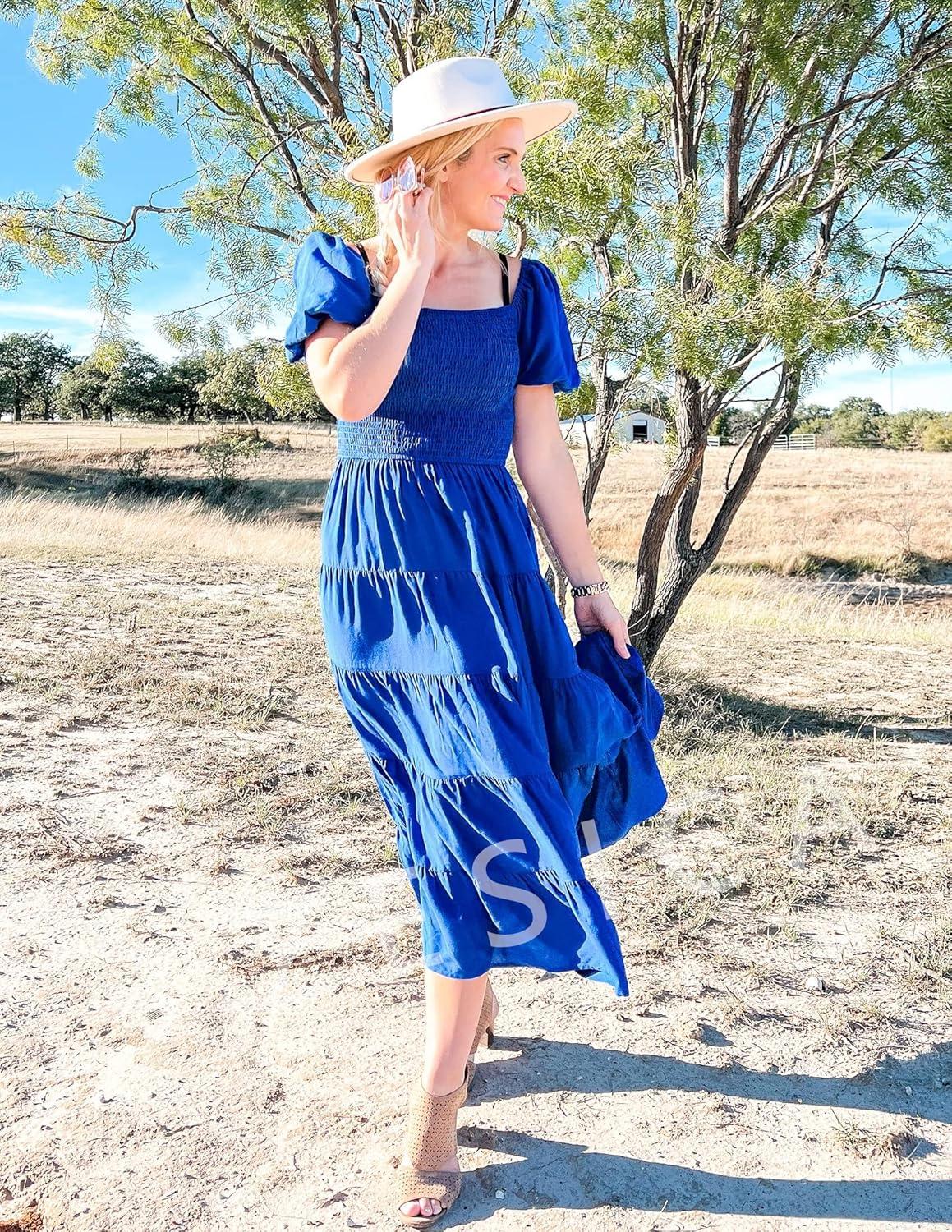 imageZESICA Womens 2026 Summer Square Neck Short Puff Sleeve Solid Color High Waist Casual Smocked Flowy A Line Tiered Midi DressRoyal Blue