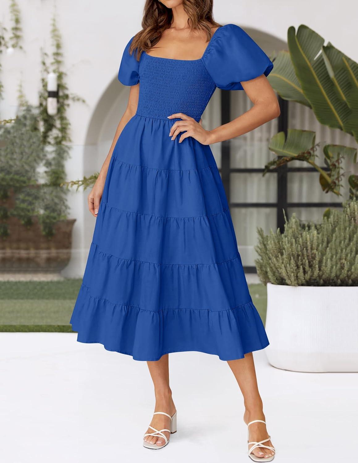 imageZESICA Womens 2026 Summer Square Neck Short Puff Sleeve Solid Color High Waist Casual Smocked Flowy A Line Tiered Midi DressRoyal Blue