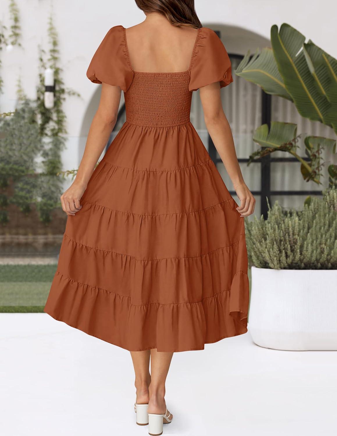 imageZESICA Womens 2026 Summer Square Neck Short Puff Sleeve Solid Color High Waist Casual Smocked Flowy A Line Tiered Midi DressRust
