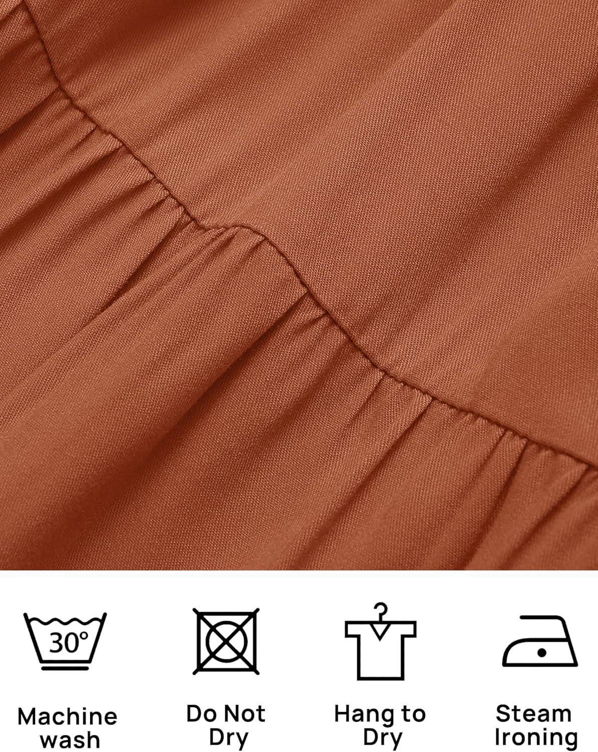 imageZESICA Womens 2026 Summer Square Neck Short Puff Sleeve Solid Color High Waist Casual Smocked Flowy A Line Tiered Midi DressRust
