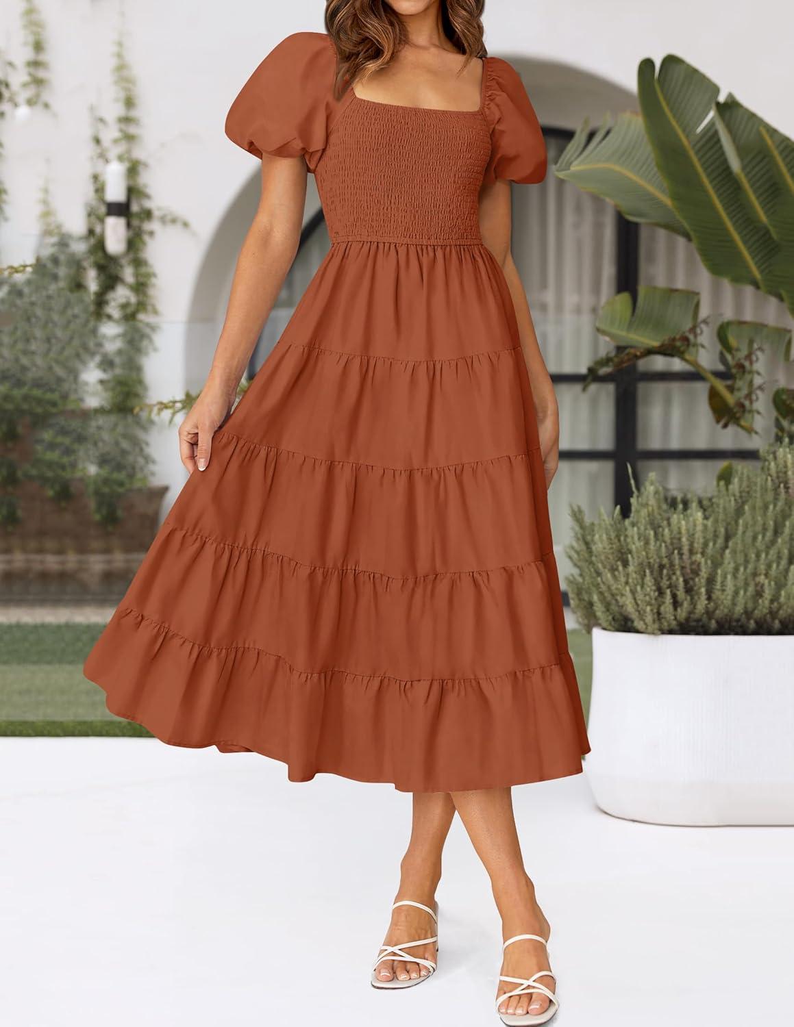 imageZESICA Womens 2026 Summer Square Neck Short Puff Sleeve Solid Color High Waist Casual Smocked Flowy A Line Tiered Midi DressRust