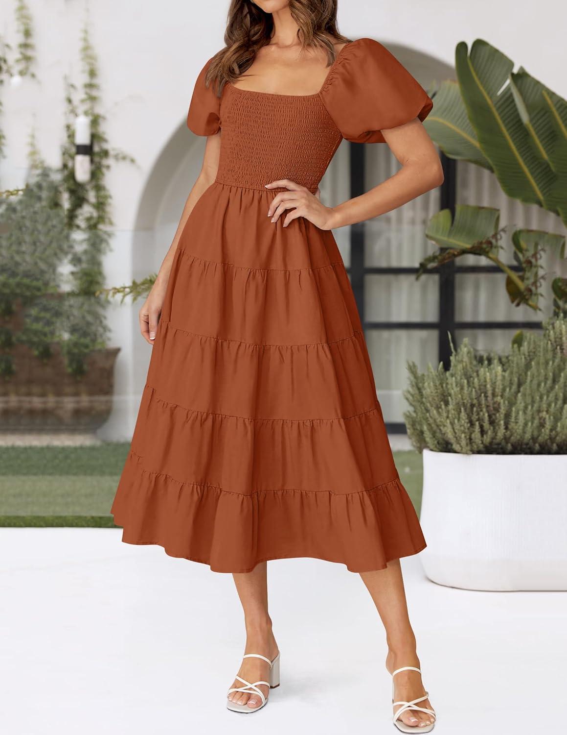 imageZESICA Womens 2026 Summer Square Neck Short Puff Sleeve Solid Color High Waist Casual Smocked Flowy A Line Tiered Midi DressRust