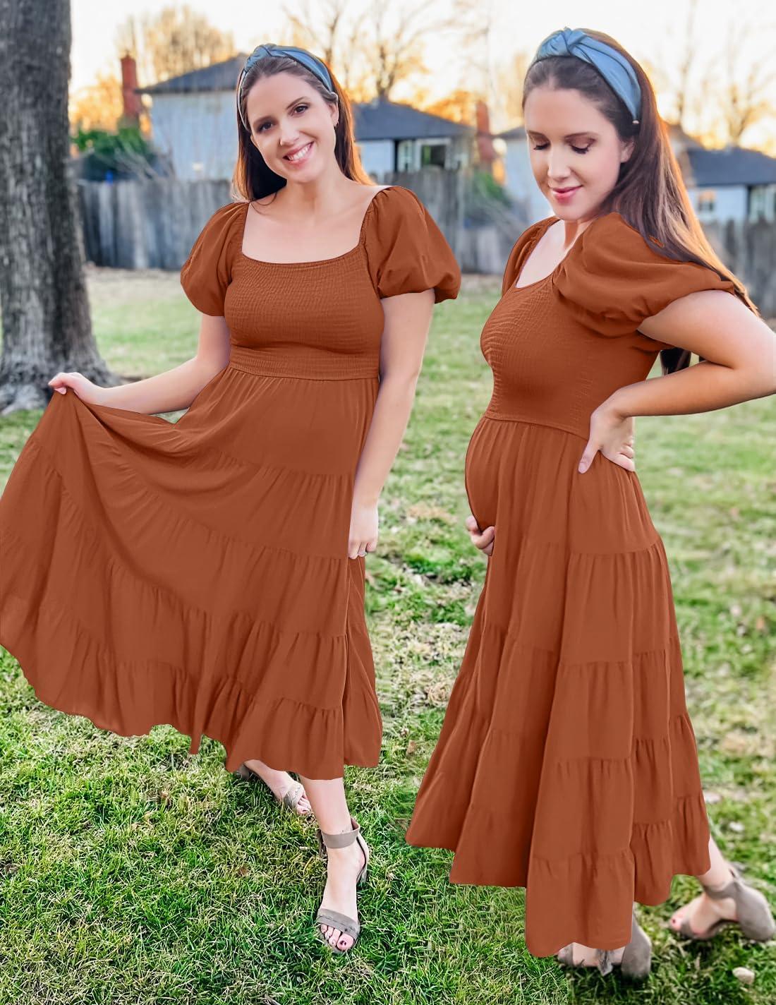 imageZESICA Womens 2026 Summer Square Neck Short Puff Sleeve Solid Color High Waist Casual Smocked Flowy A Line Tiered Midi DressRust