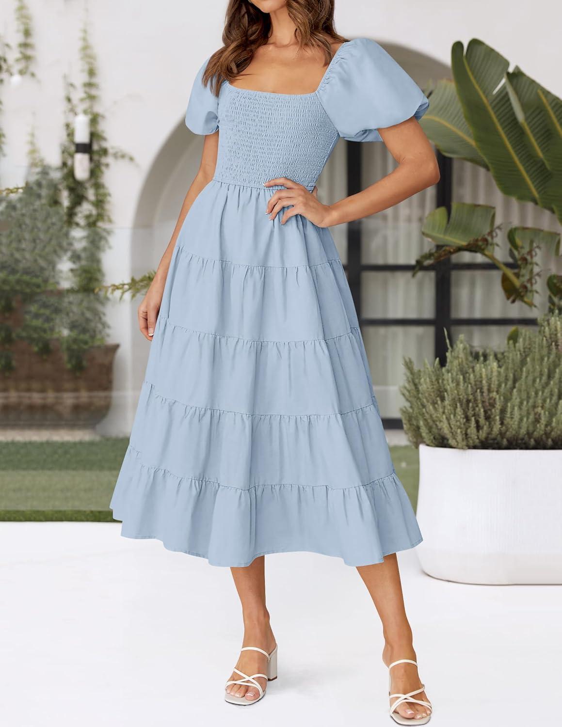 imageZESICA Womens 2026 Summer Square Neck Short Puff Sleeve Solid Color High Waist Casual Smocked Flowy A Line Tiered Midi DressSky Blue