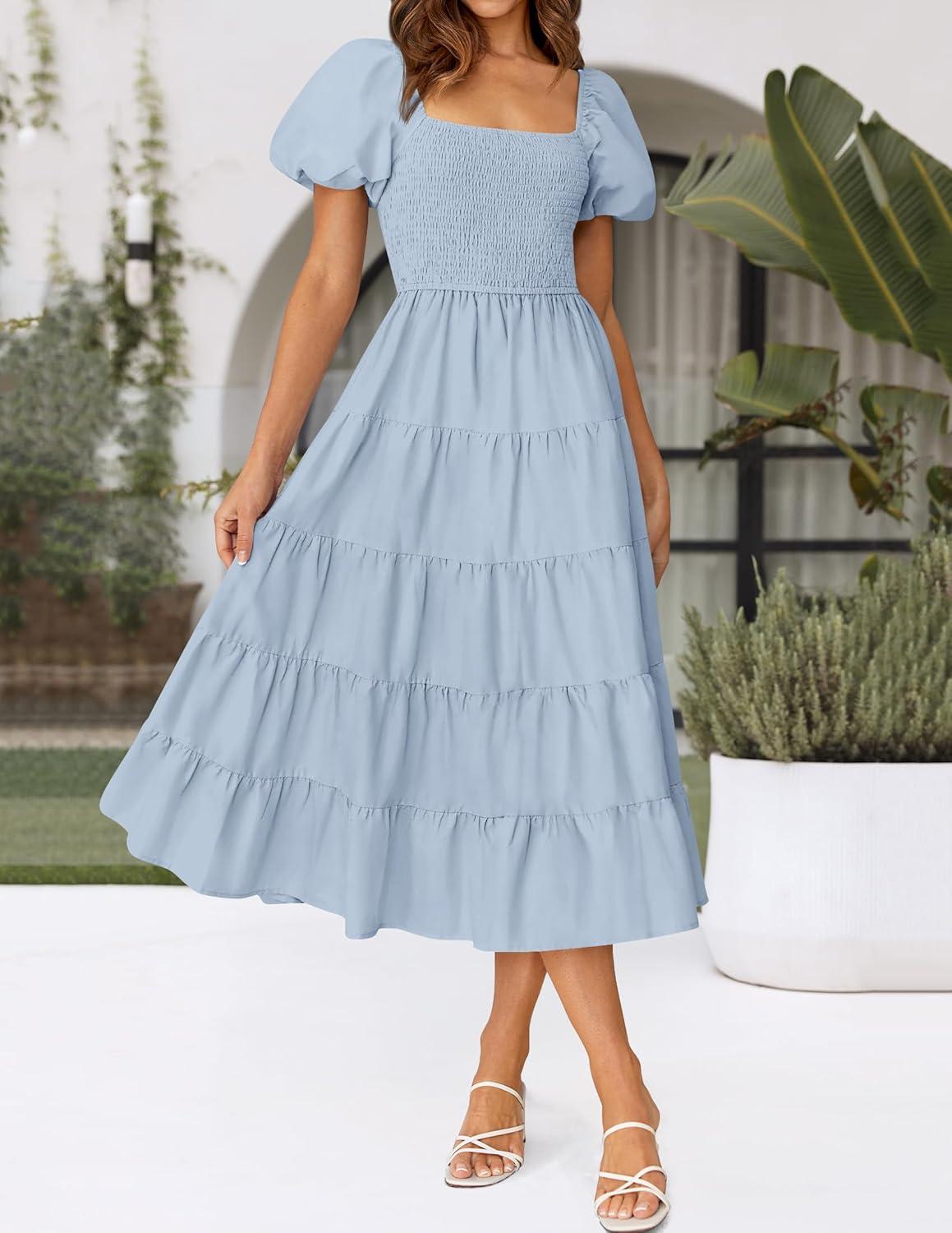 imageZESICA Womens 2026 Summer Square Neck Short Puff Sleeve Solid Color High Waist Casual Smocked Flowy A Line Tiered Midi DressSky Blue