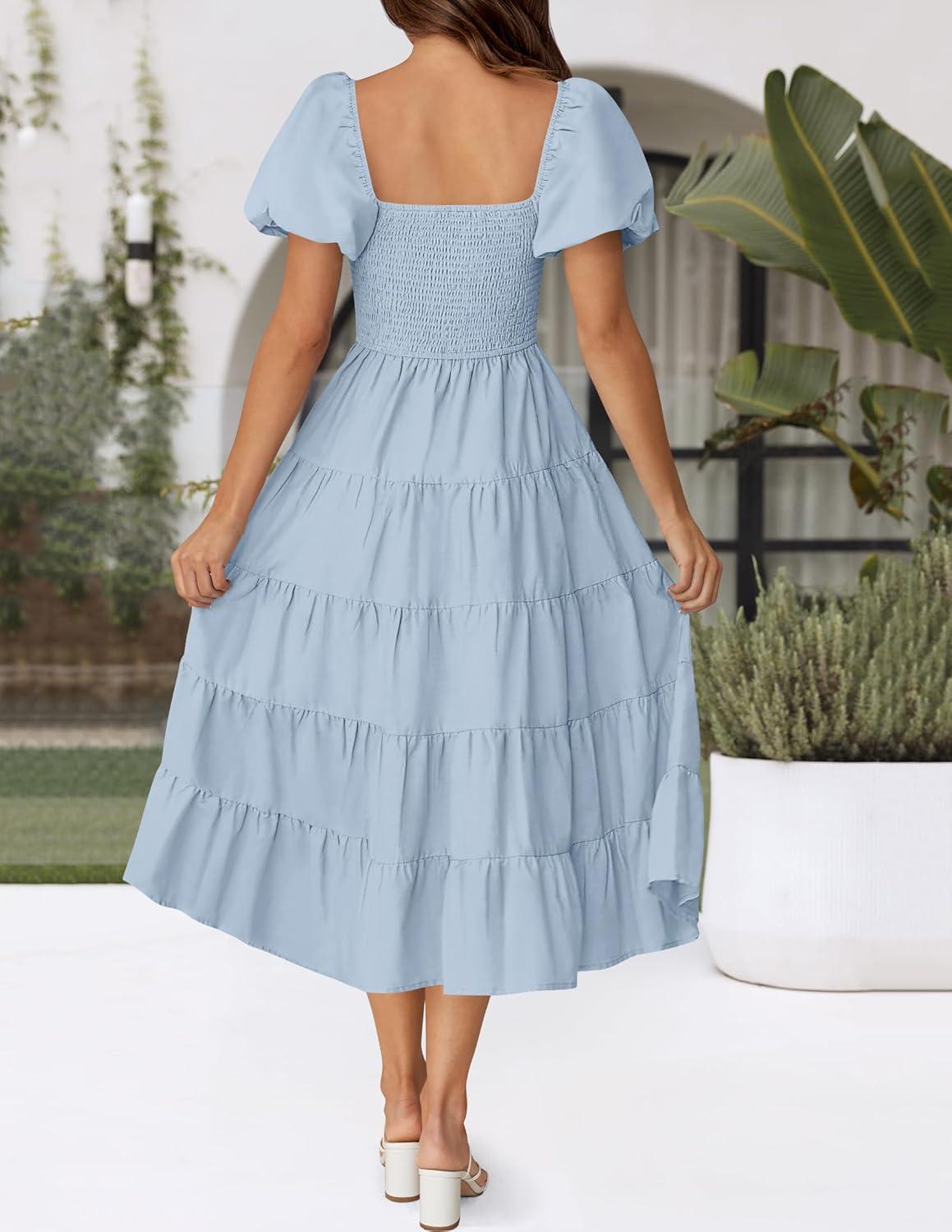 imageZESICA Womens 2026 Summer Square Neck Short Puff Sleeve Solid Color High Waist Casual Smocked Flowy A Line Tiered Midi DressSky Blue